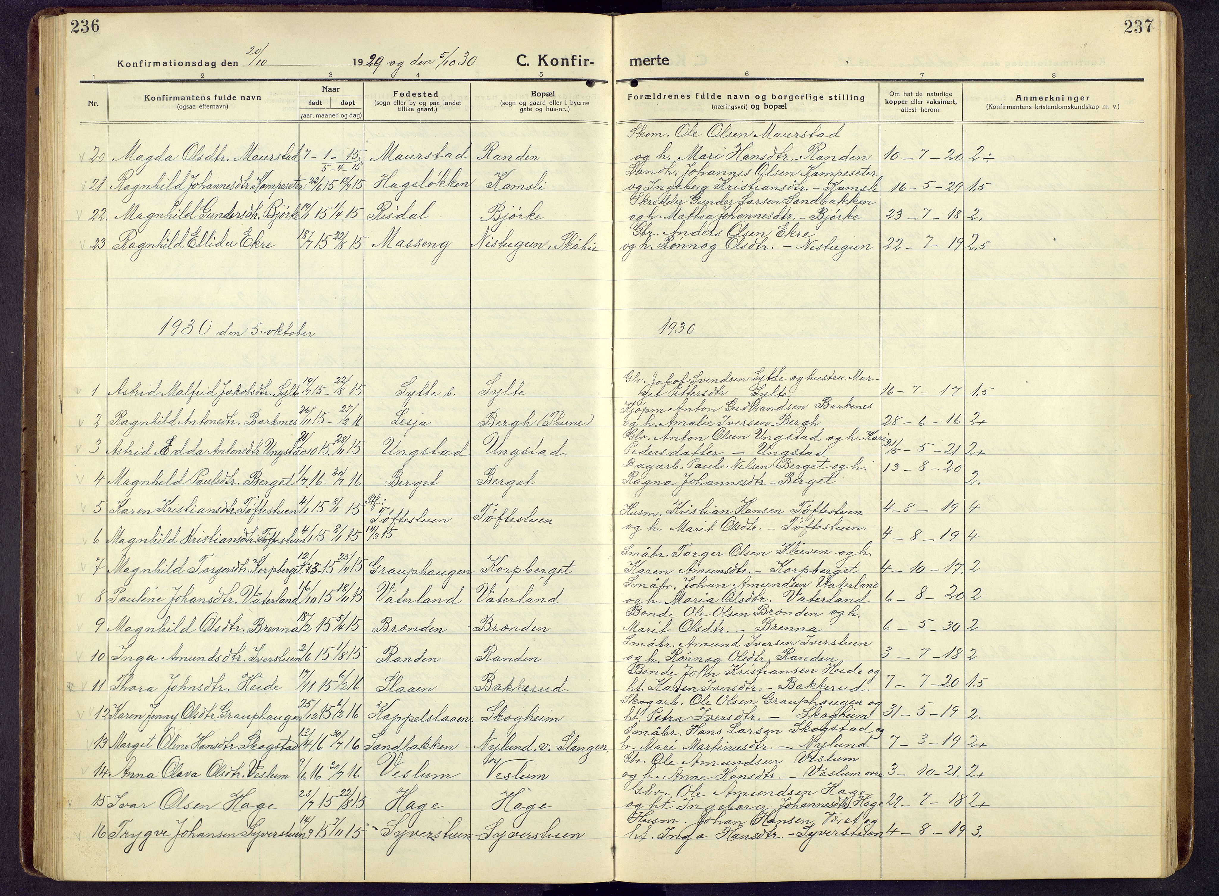 Nord-Fron prestekontor, SAH/PREST-080/H/Ha/Hab/L0009: Parish register (copy) no. 9, 1915-1958, p. 236-237