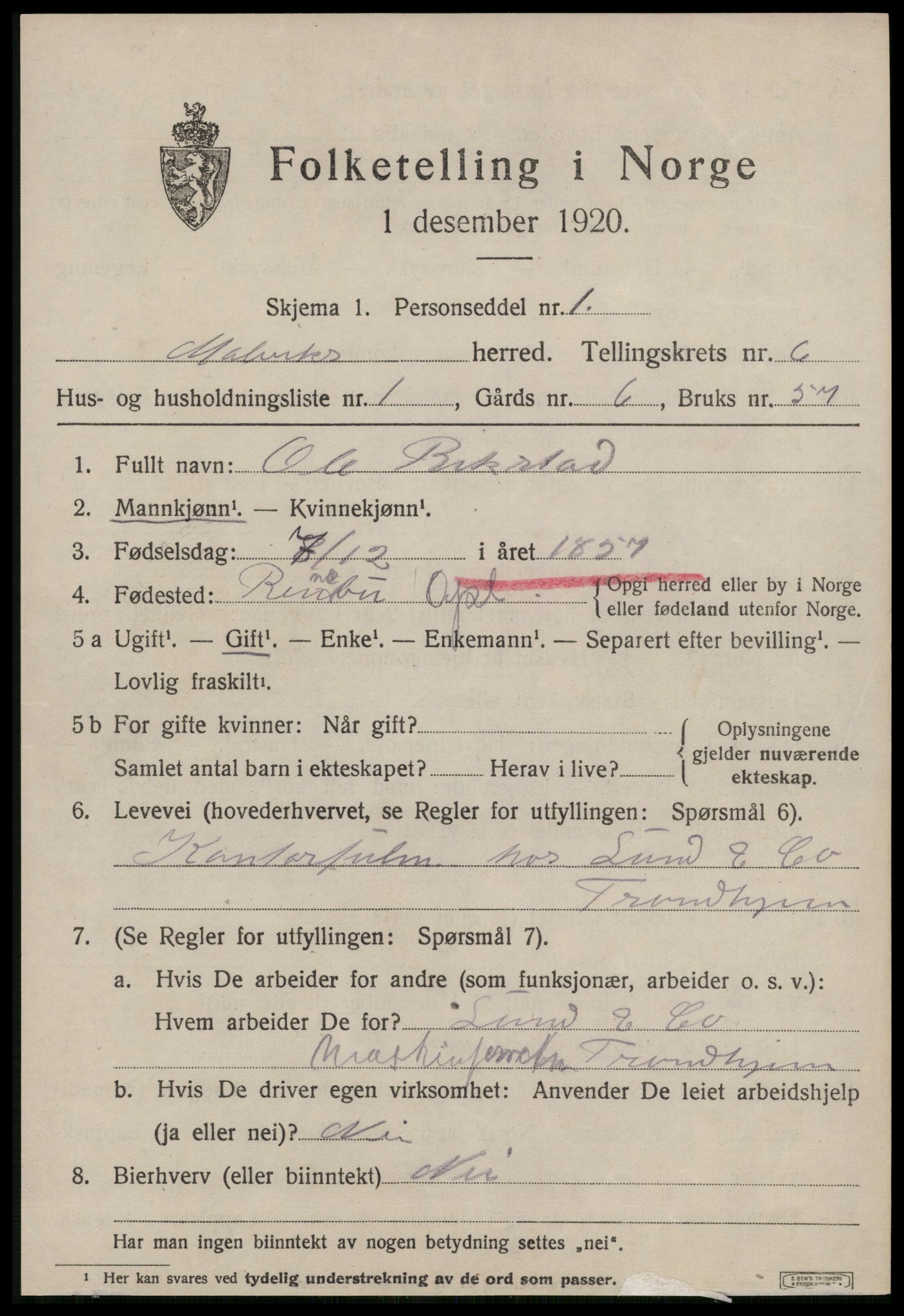 SAT, 1920 census for Malvik, 1920, p. 5324