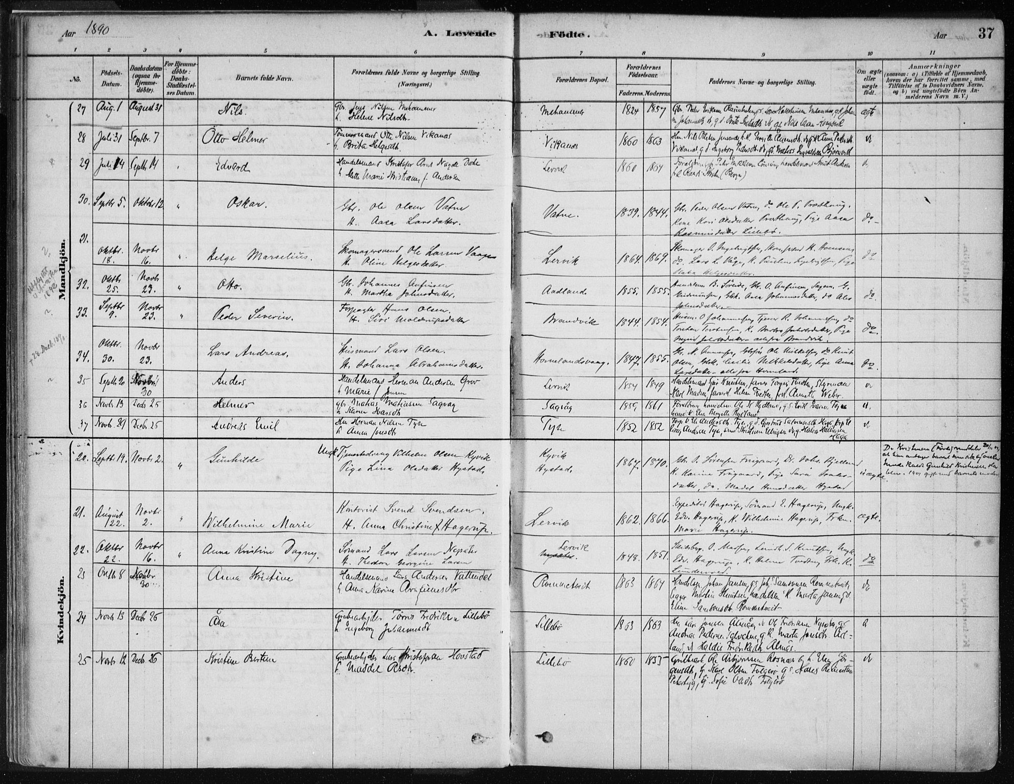 Stord sokneprestembete, AV/SAB-A-78201/H/Haa: Parish register (official) no. B 2, 1878-1913, p. 37