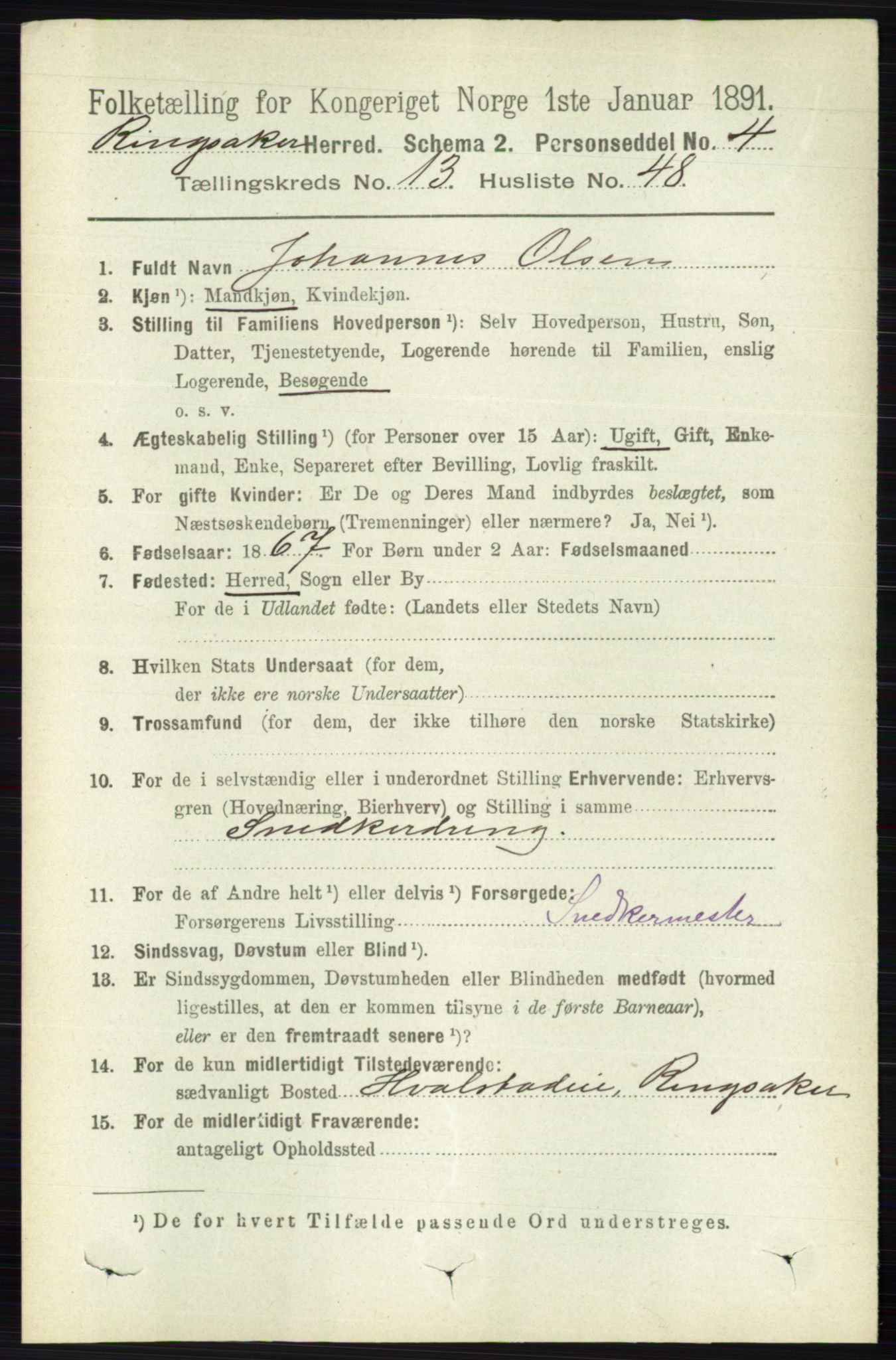 RA, 1891 census for 0412 Ringsaker, 1891, p. 7470