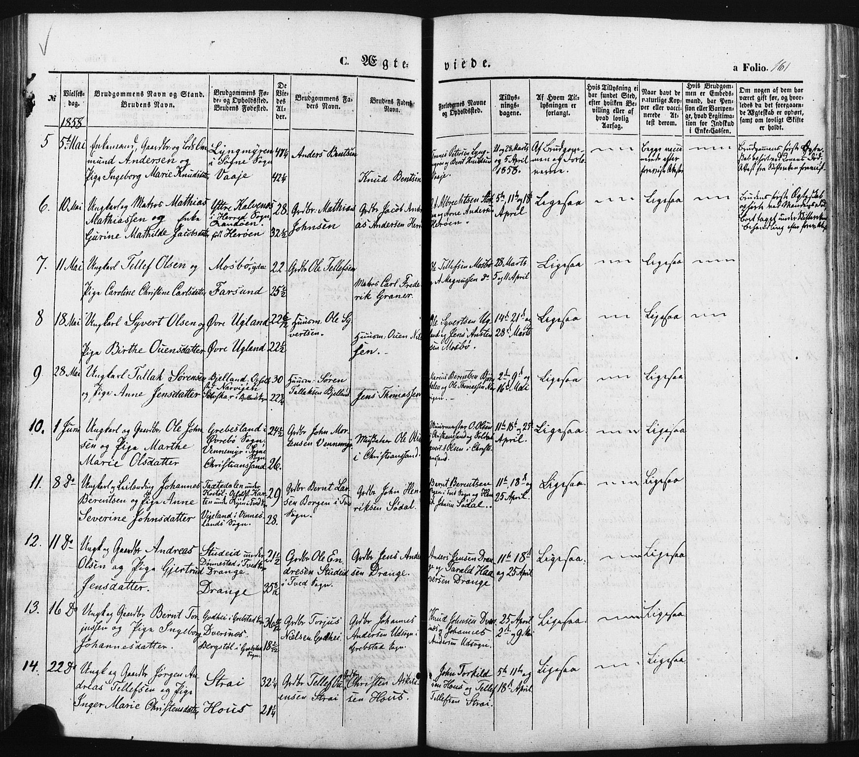Oddernes sokneprestkontor, SAK/1111-0033/F/Fa/Faa/L0007: Parish register (official) no. A 7, 1851-1863, p. 161