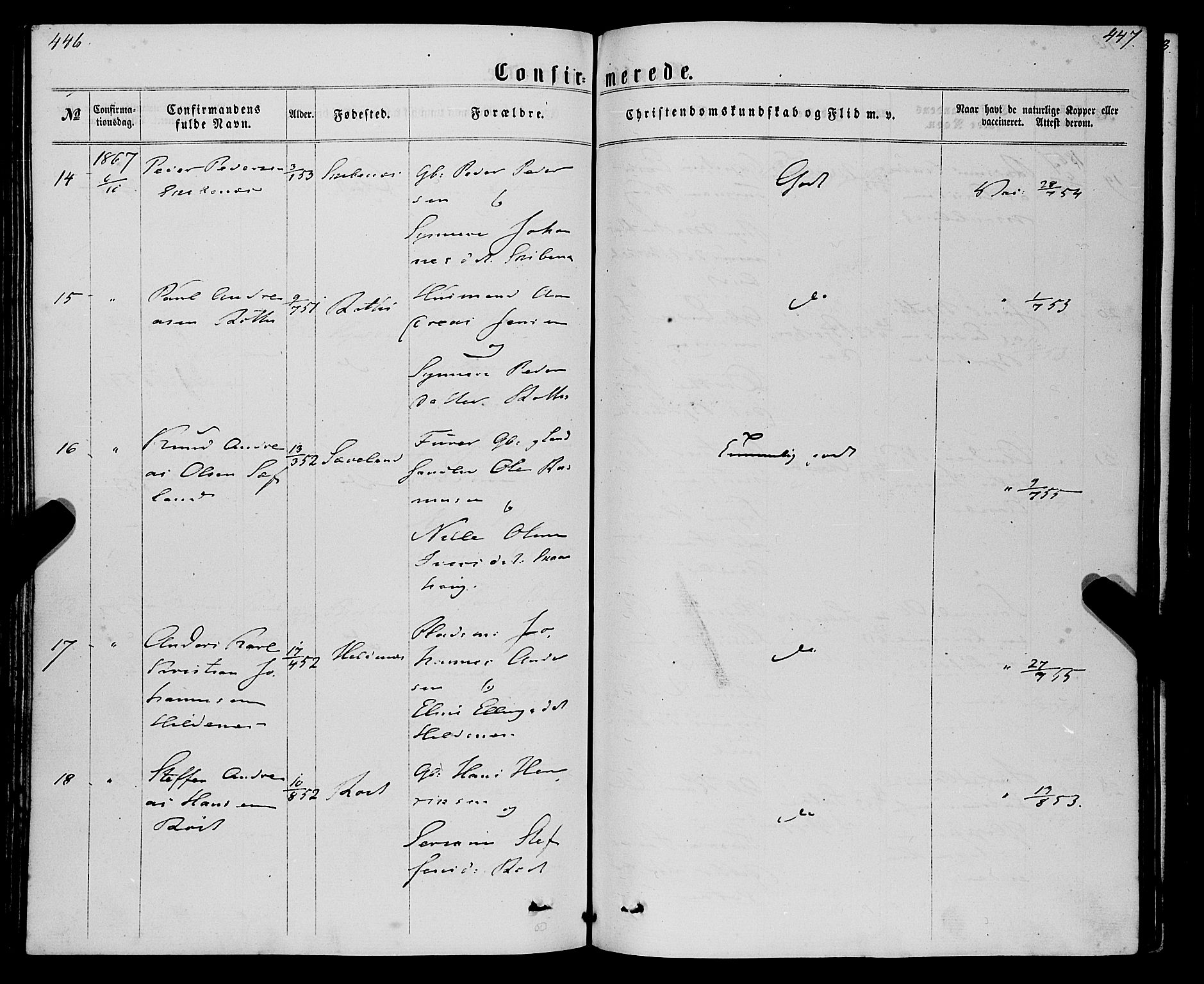 Eid sokneprestembete, AV/SAB-A-82301/H/Haa/Haaa/L0009: Parish register (official) no. A 9, 1861-1868, p. 446-447