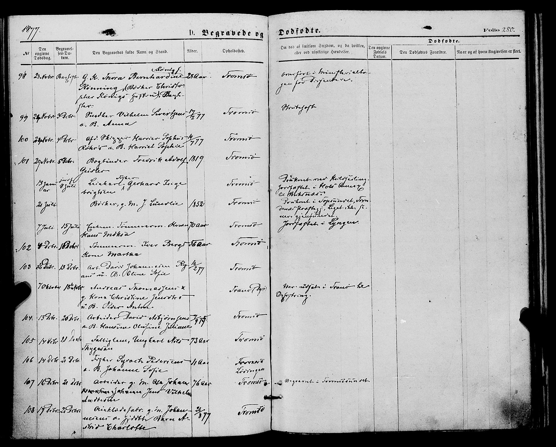 Tromsø sokneprestkontor/stiftsprosti/domprosti, AV/SATØ-S-1343/G/Ga/L0013kirke: Parish register (official) no. 13, 1872-1877, p. 280