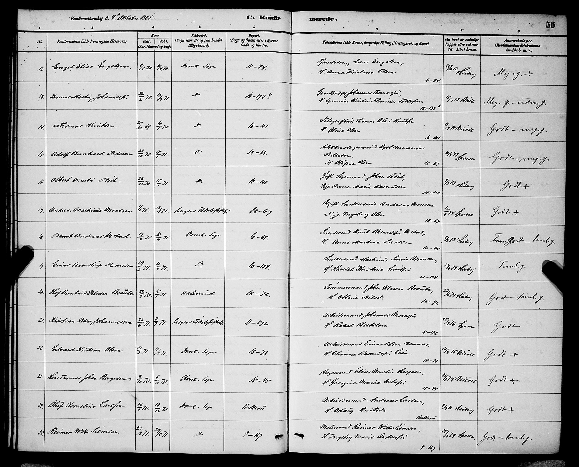 Domkirken sokneprestembete, SAB/A-74801/H/Hab/L0024: Parish register (copy) no. C 4, 1880-1899, p. 56