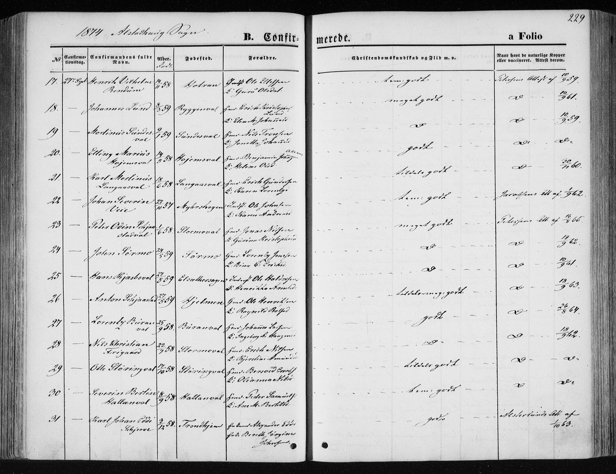 Ministerialprotokoller, klokkerbøker og fødselsregistre - Nord-Trøndelag, SAT/A-1458/717/L0157: Parish register (official) no. 717A08 /1, 1863-1877, p. 229