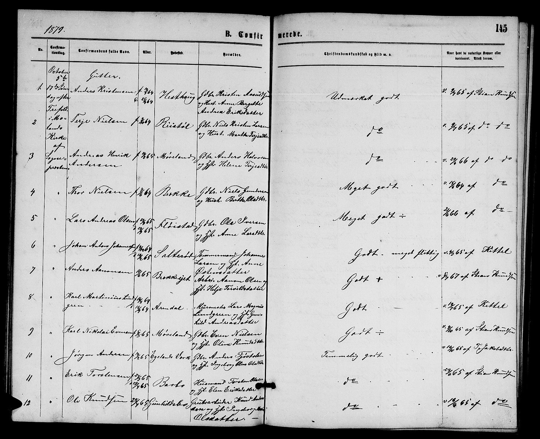 Austre Moland sokneprestkontor, SAK/1111-0001/F/Fb/Fba/L0002: Parish register (copy) no. B 2, 1869-1879, p. 145