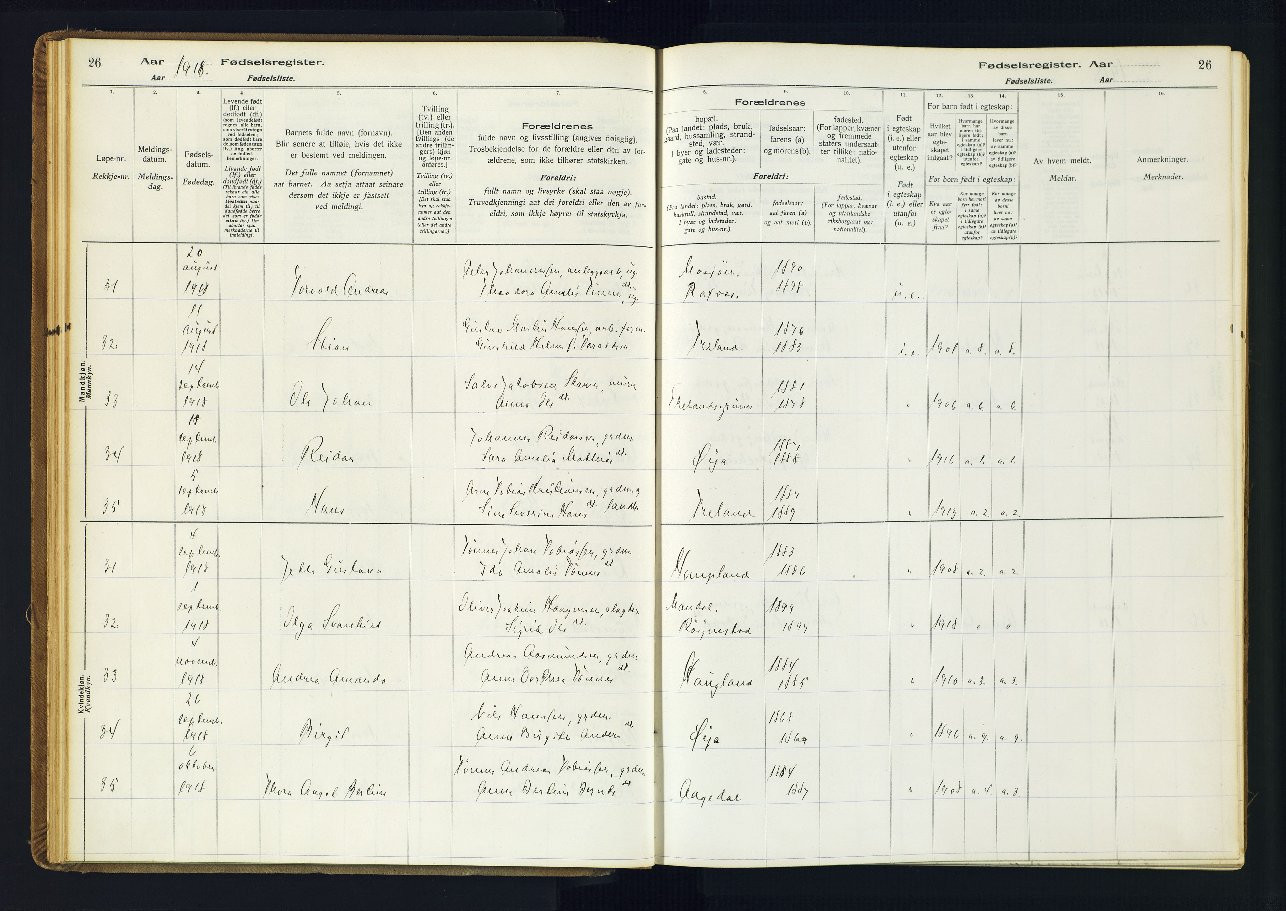 Kvinesdal sokneprestkontor, AV/SAK-1111-0026/J/Ja/L0001: Birth register no. 1, 1916-1941, p. 26