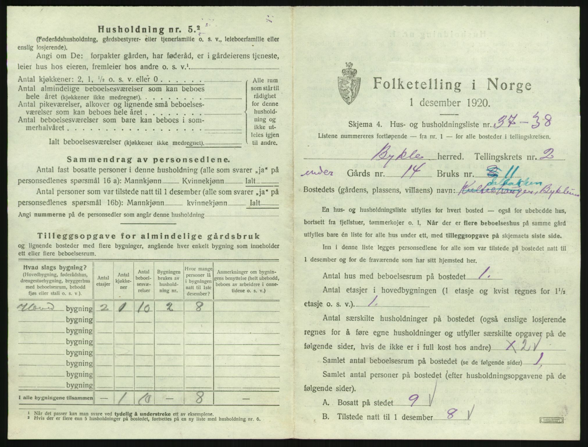SAK, 1920 census for Bykle, 1920, p. 145