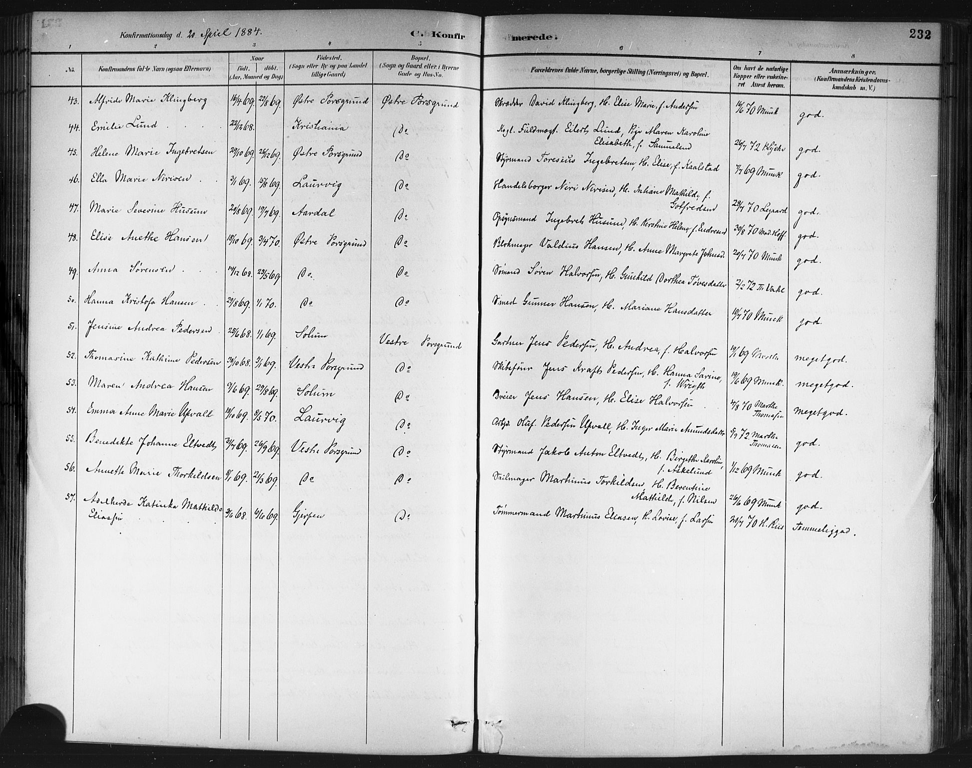 Porsgrunn kirkebøker , SAKO/A-104/G/Gb/L0005: Parish register (copy) no. II 5, 1883-1915, p. 232