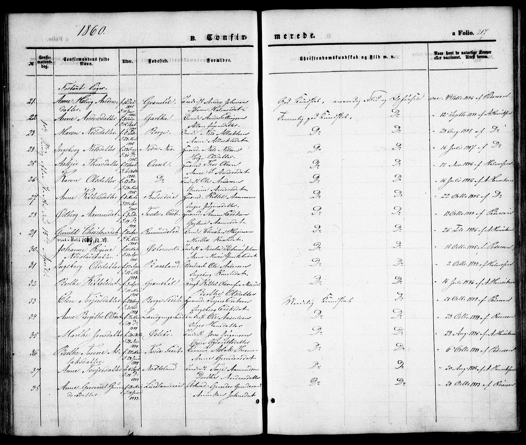 Holt sokneprestkontor, AV/SAK-1111-0021/F/Fa/L0008: Parish register (official) no. A 8, 1849-1860, p. 217