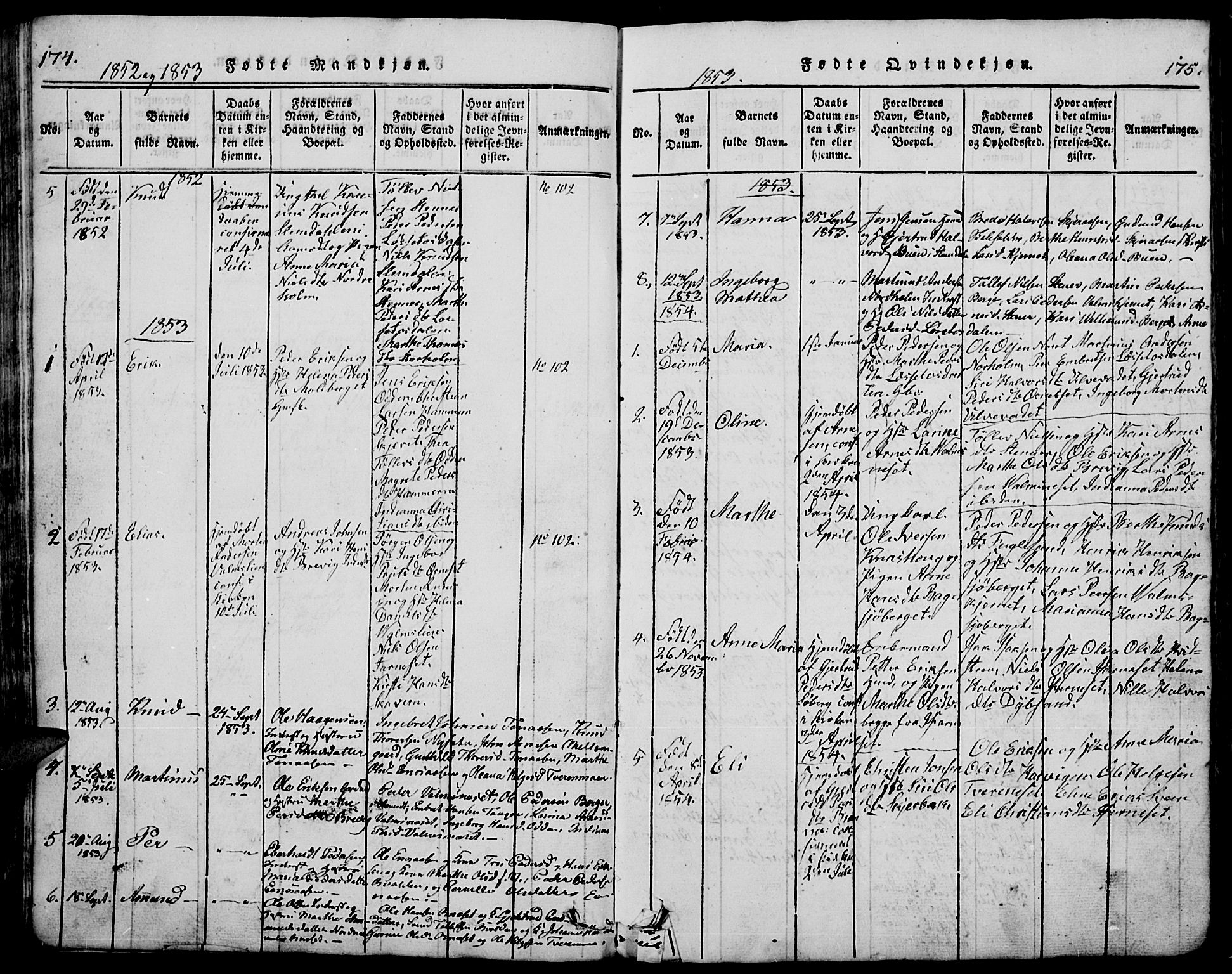 Trysil prestekontor, SAH/PREST-046/H/Ha/Hab/L0005: Parish register (copy) no. 5, 1814-1877, p. 174-175