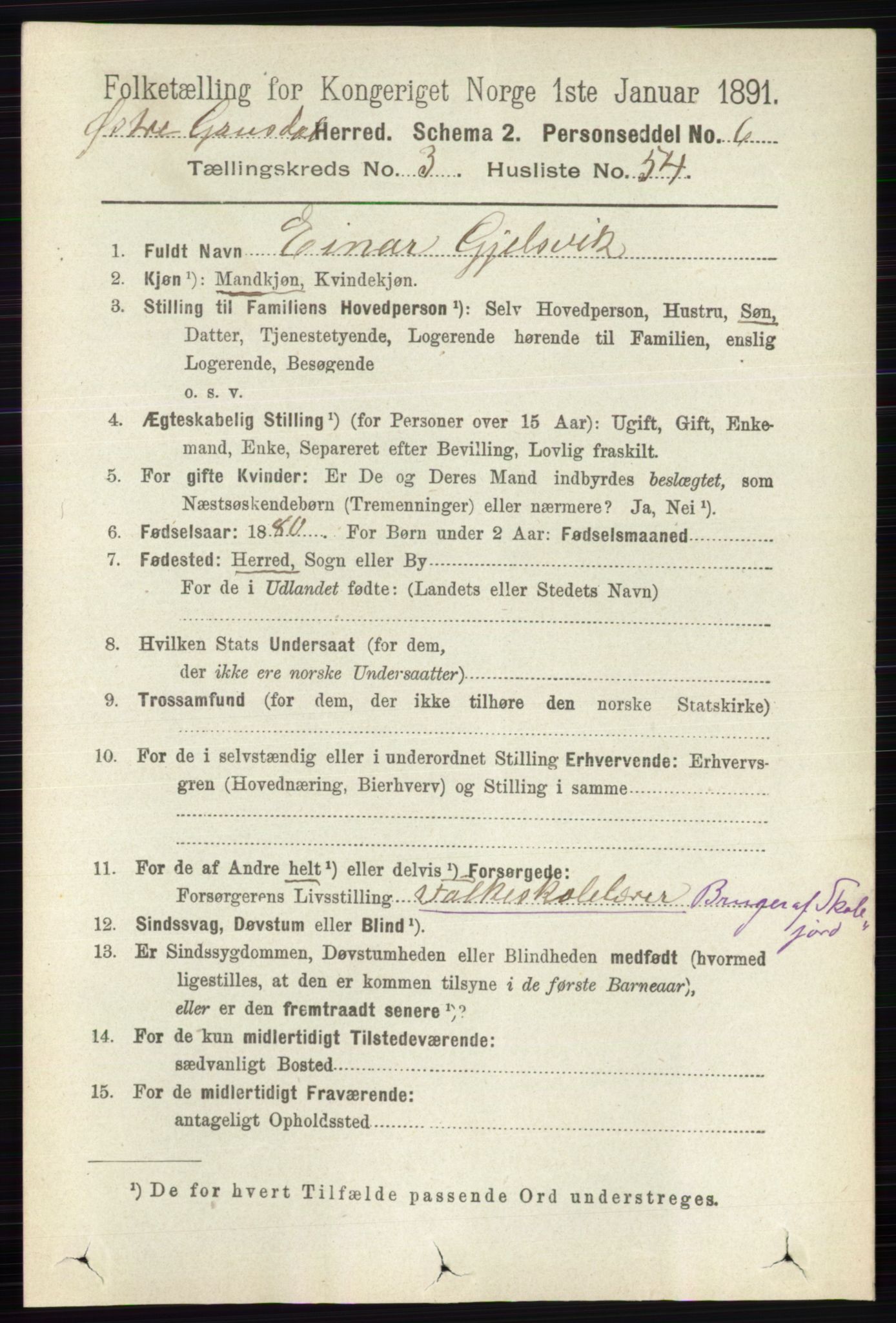 RA, 1891 census for 0522 Østre Gausdal, 1891, p. 2110