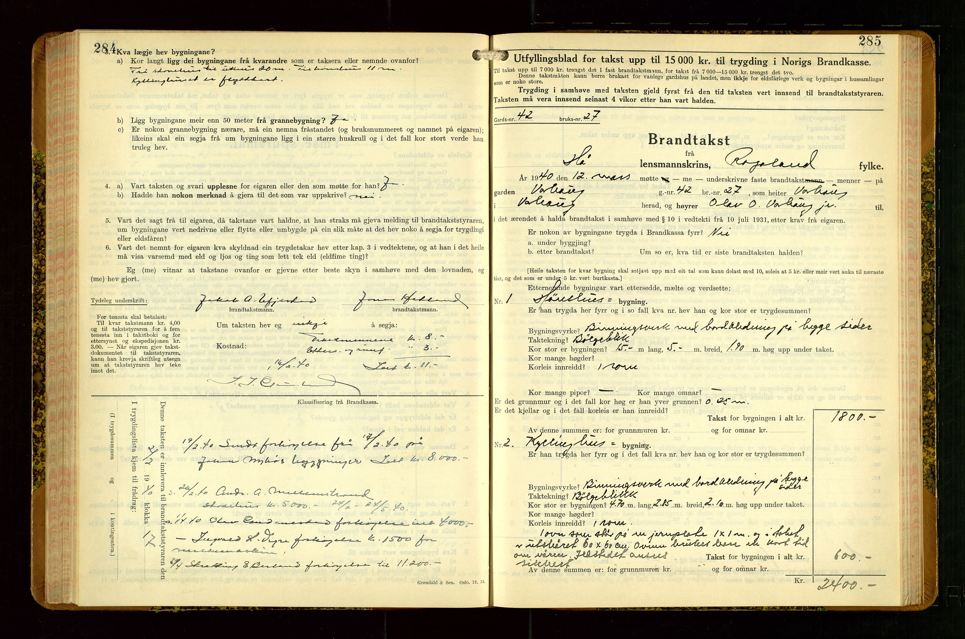 Hå lensmannskontor, SAST/A-100456/Goa/L0007: Takstprotokoll (skjema), 1938-1949, p. 284-285