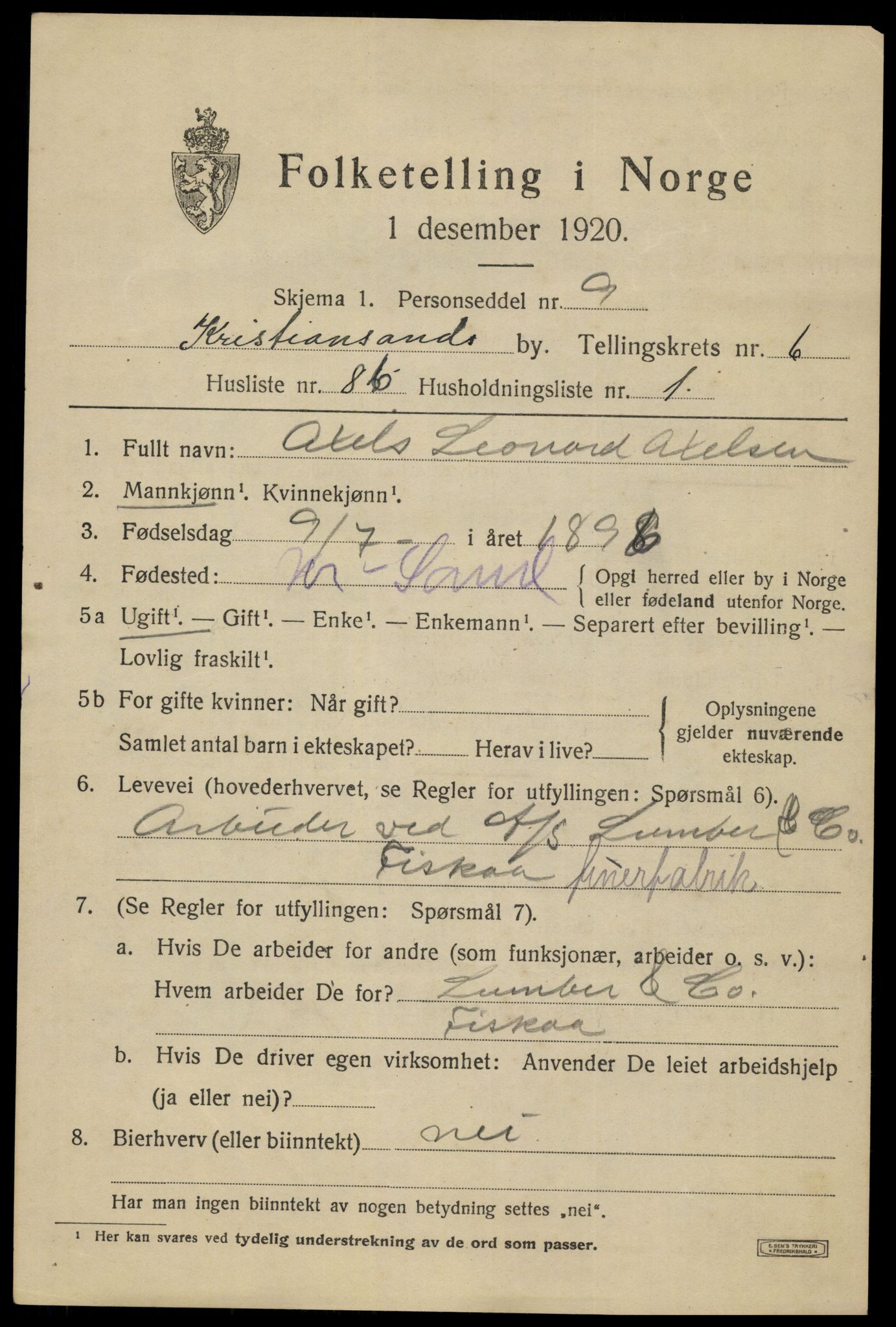 SAK, 1920 census for Kristiansand, 1920, p. 20051