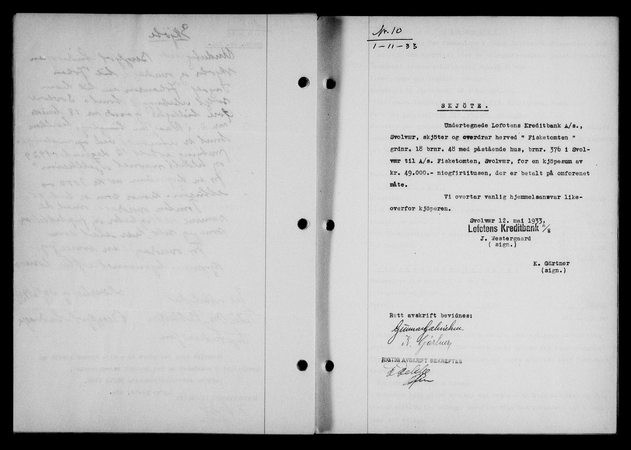 Lofoten sorenskriveri, AV/SAT-A-0017/1/2/2C/L0028b: Mortgage book no. 28b, 1933-1933, Deed date: 01.11.1933