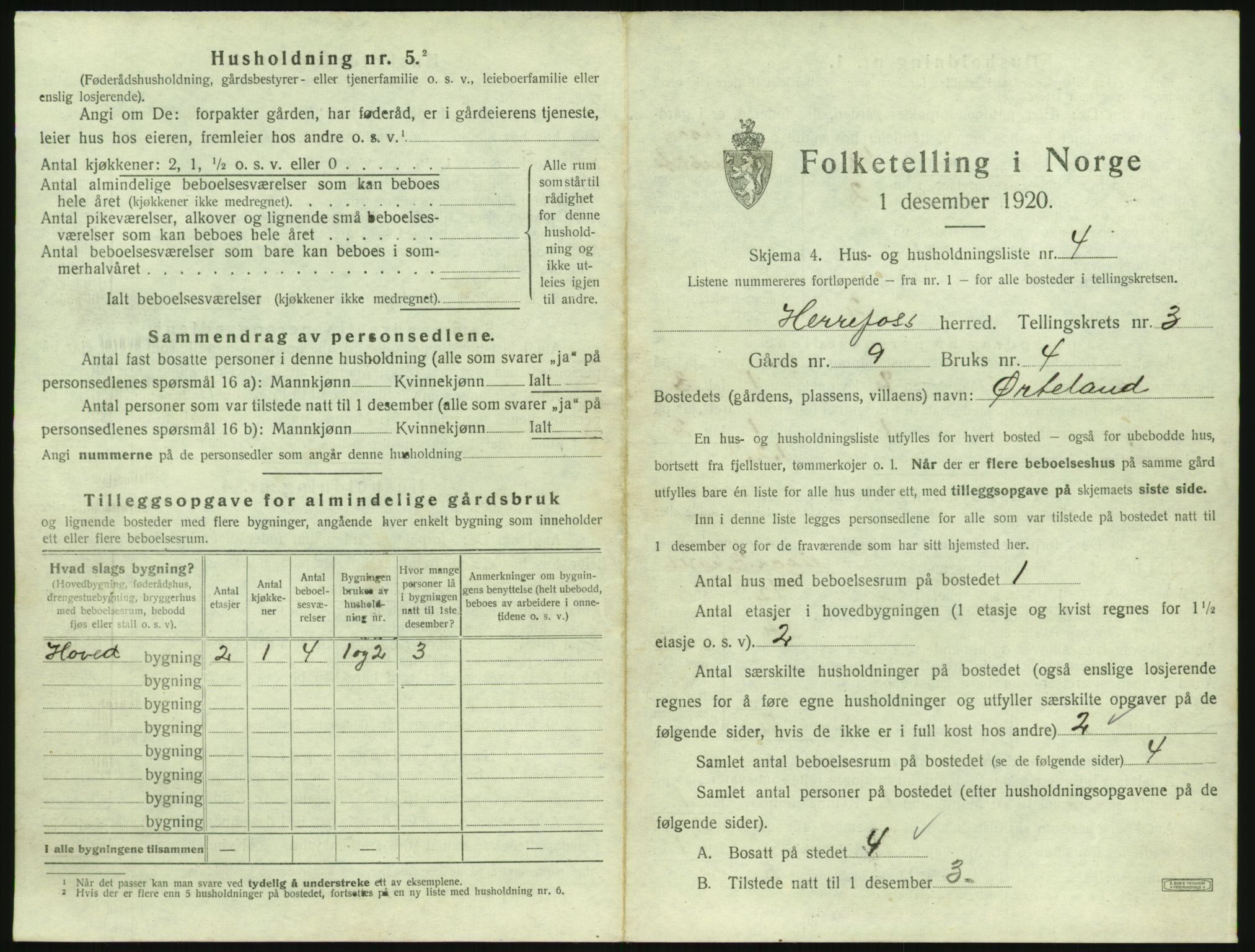 SAK, 1920 census for Herefoss, 1920, p. 98