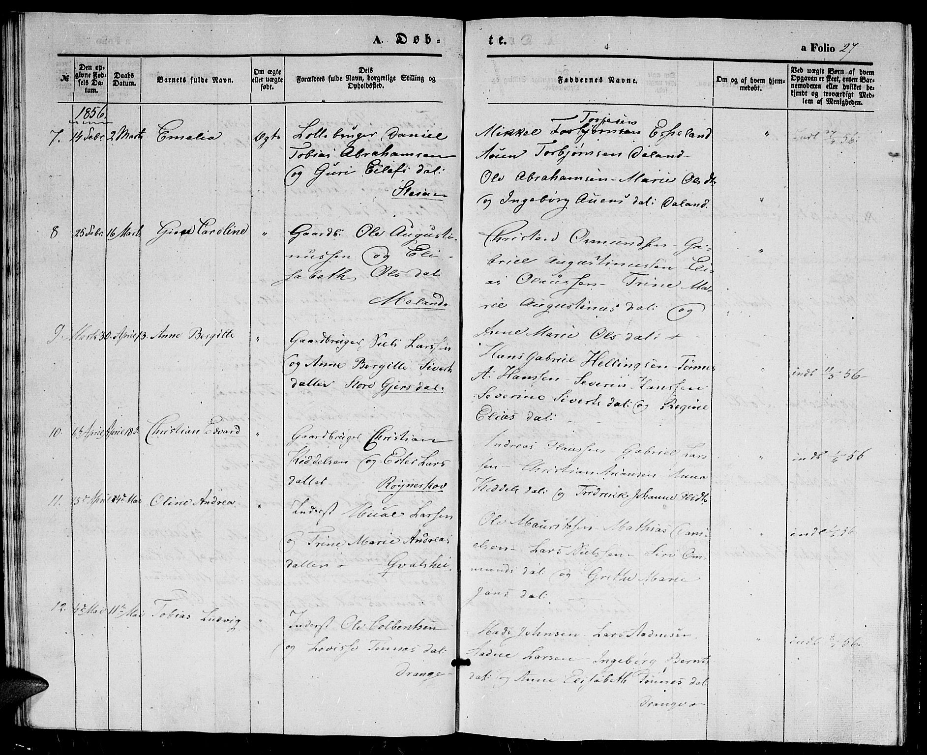 Herad sokneprestkontor, AV/SAK-1111-0018/F/Fb/Fba/L0002: Parish register (copy) no. B 2, 1852-1862, p. 27