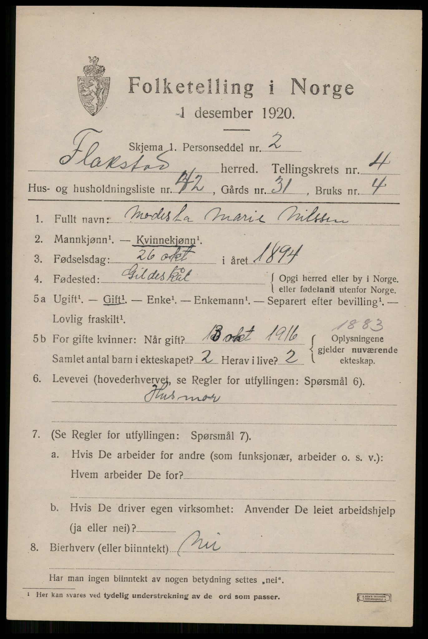 SAT, 1920 census for Flakstad, 1920, p. 3395