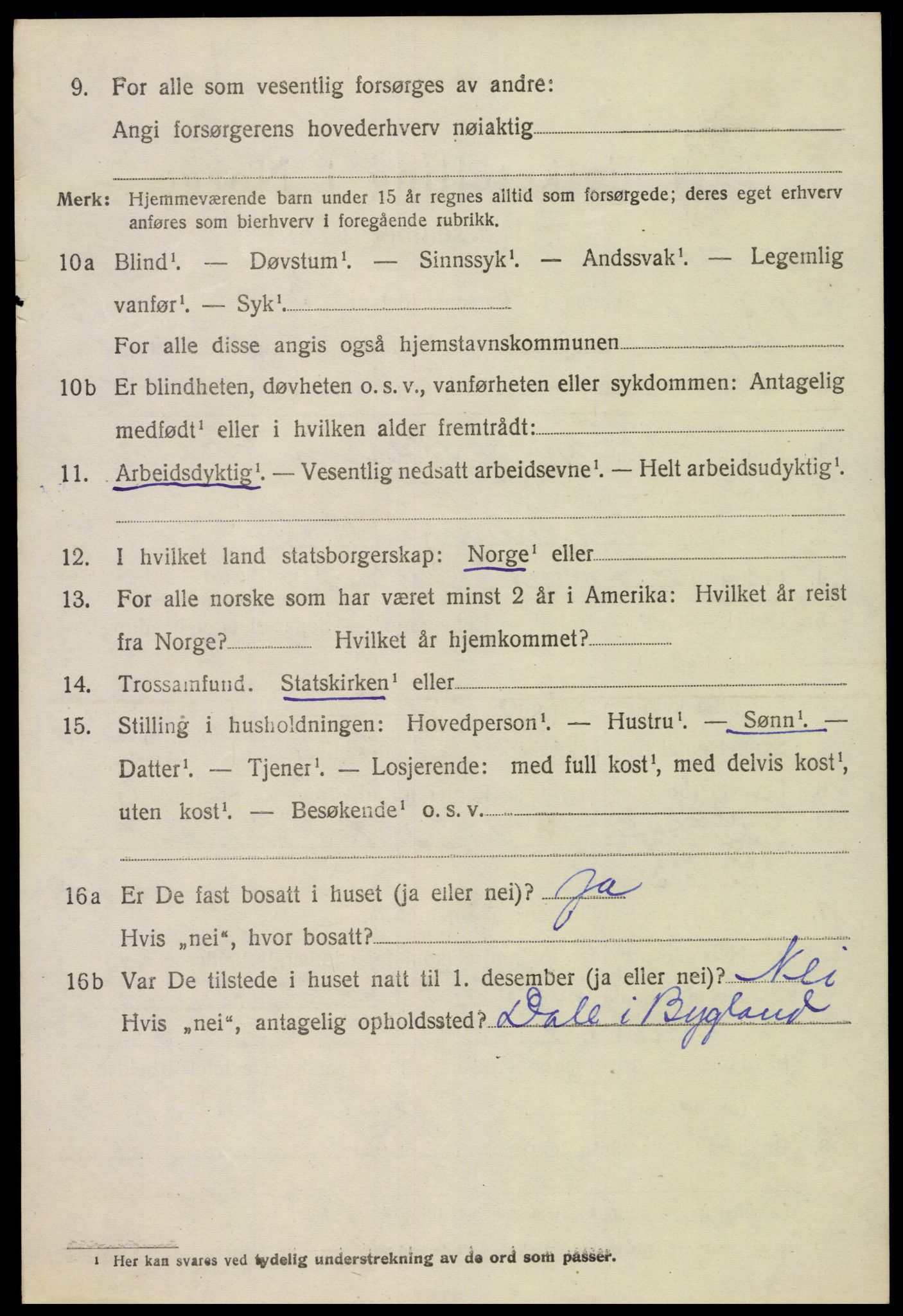 SAK, 1920 census for Bygland, 1920, p. 2624