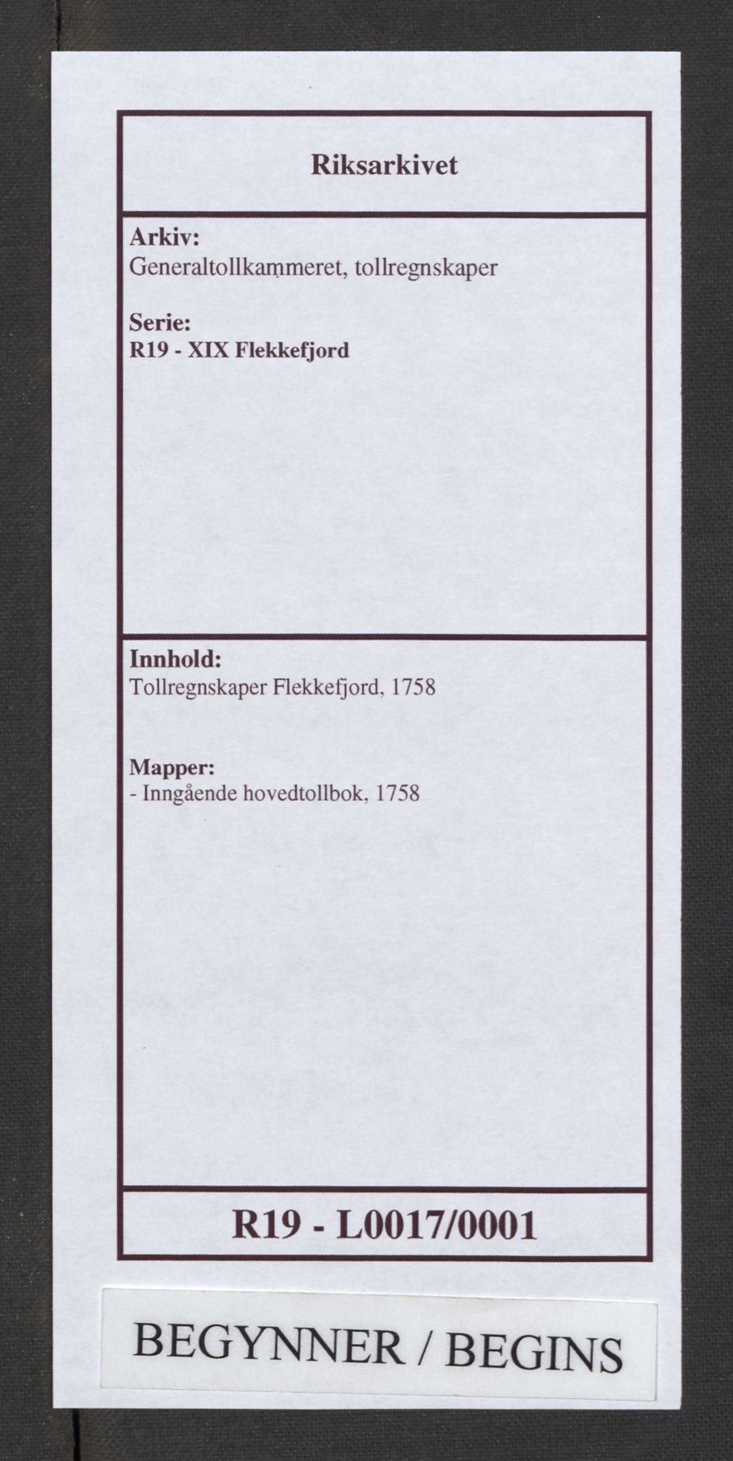 Generaltollkammeret, tollregnskaper, RA/EA-5490/R19/L0017/0001: Tollregnskaper Flekkefjord / Inngående hovedtollbok, 1758