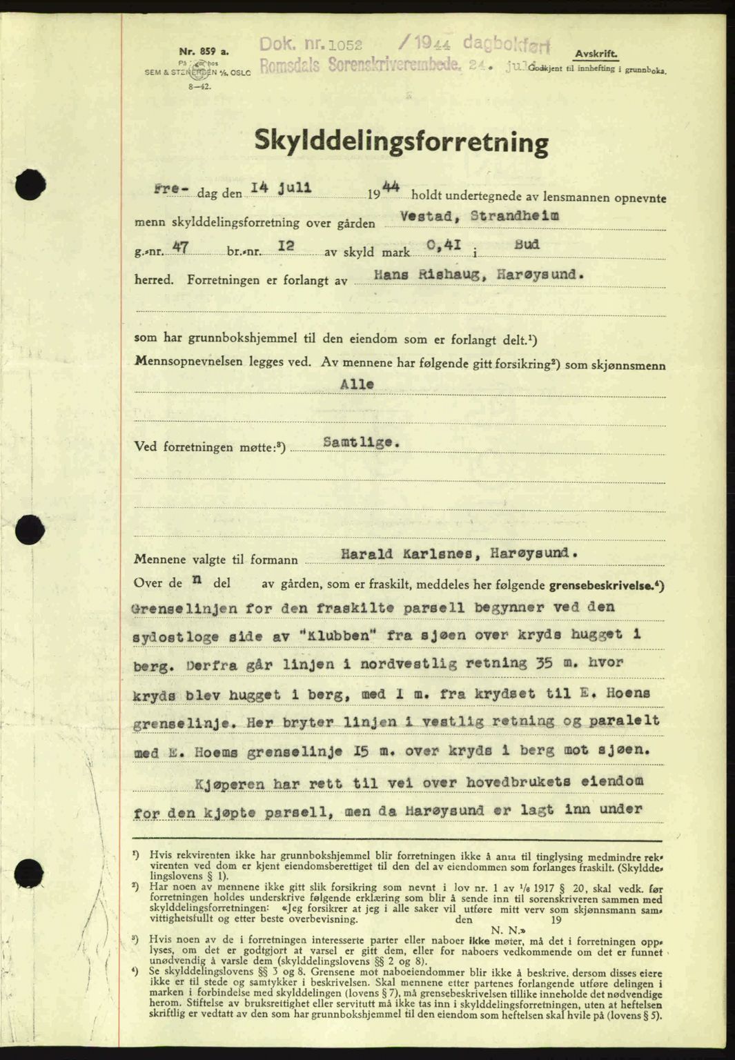 Romsdal sorenskriveri, SAT/A-4149/1/2/2C: Mortgage book no. A16, 1944-1944, Diary no: : 1052/1944