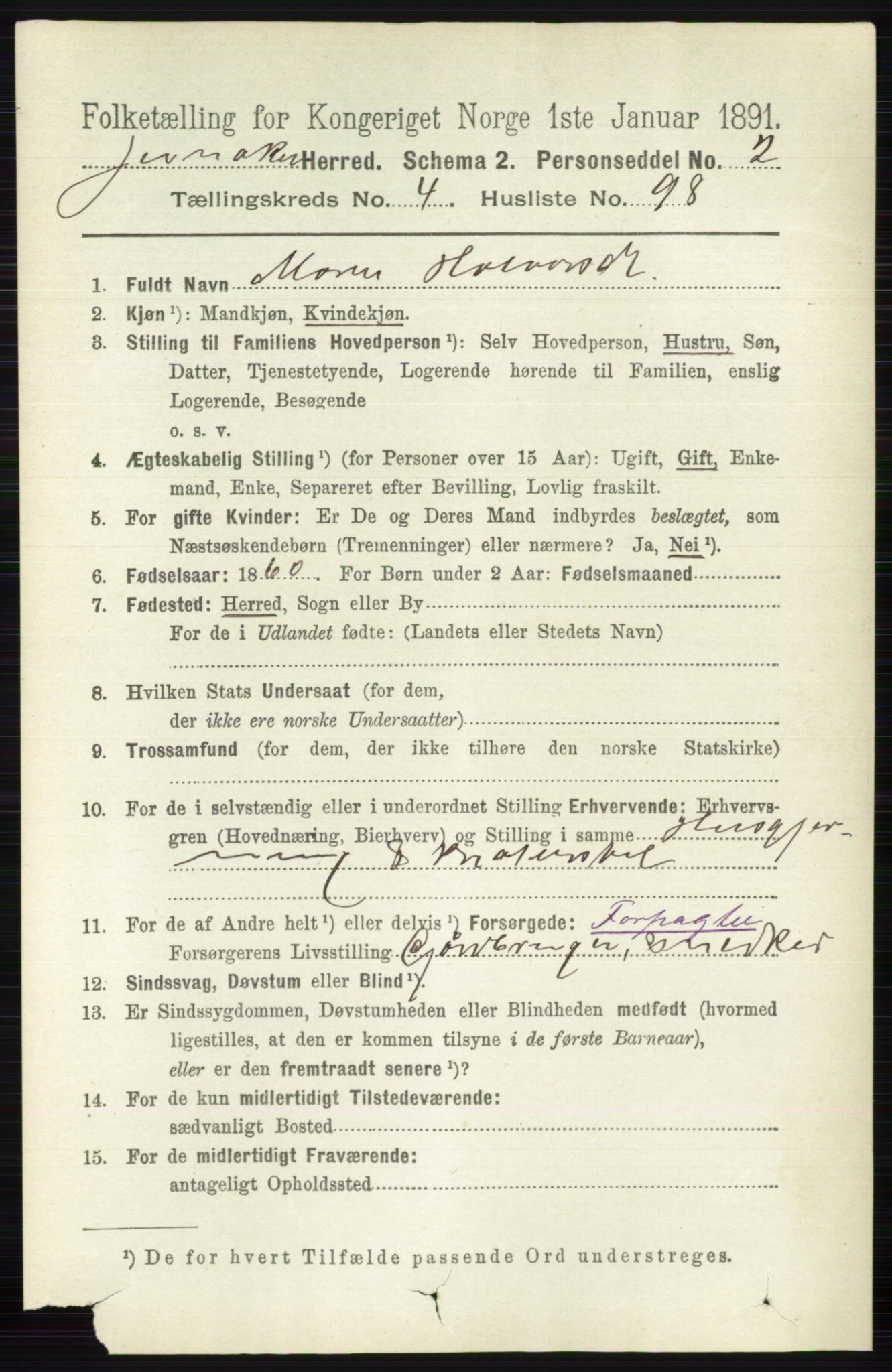 RA, 1891 census for 0532 Jevnaker, 1891, p. 2308