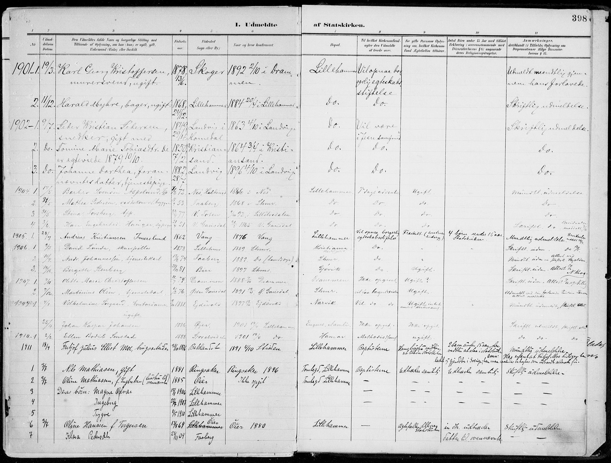 Lillehammer prestekontor, SAH/PREST-088/H/Ha/Haa/L0001: Parish register (official) no. 1, 1901-1916, p. 398