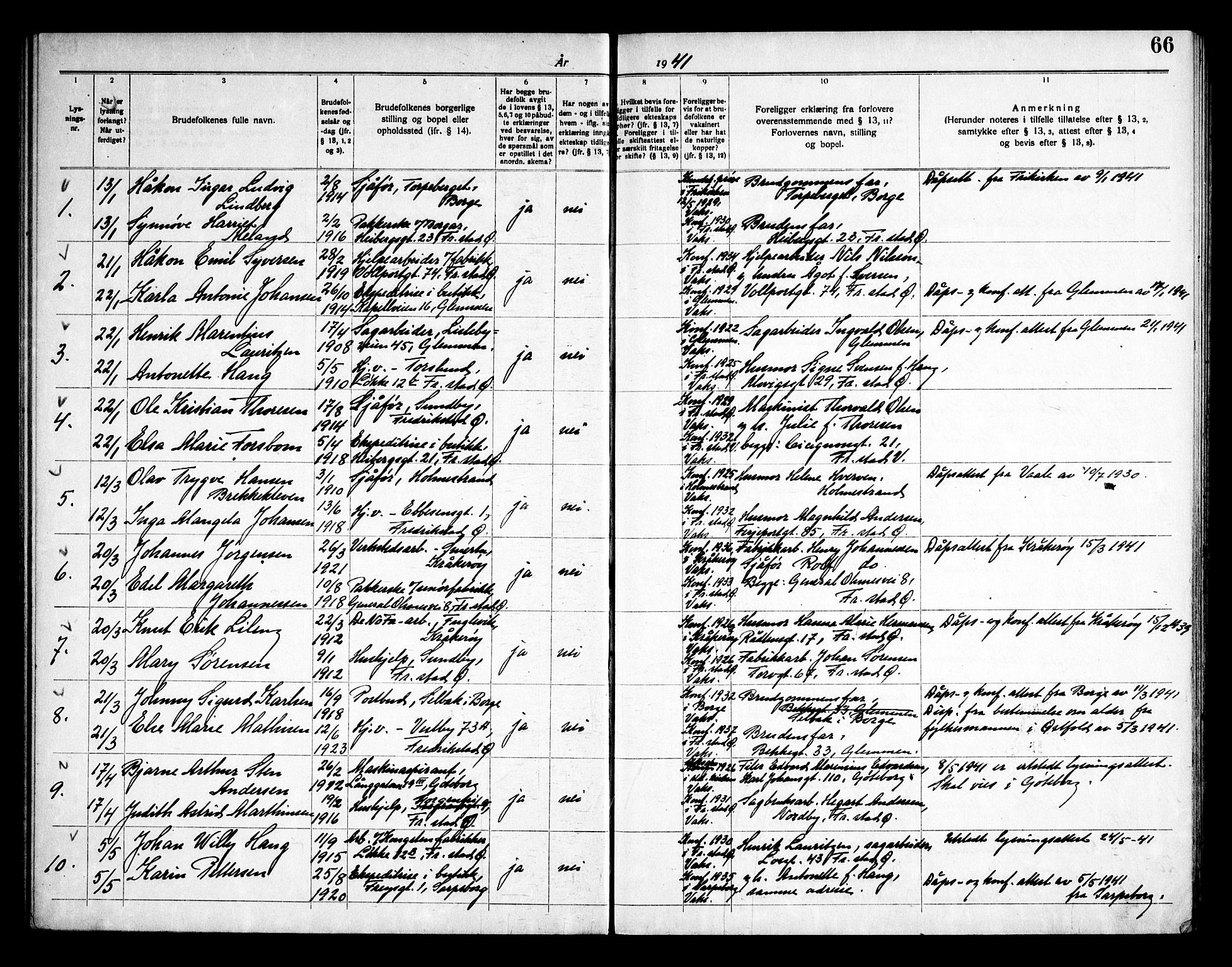 Østre Fredrikstad prestekontor Kirkebøker, AV/SAO-A-10907/H/Ha/L0001: Banns register no. 1, 1919-1951, p. 66