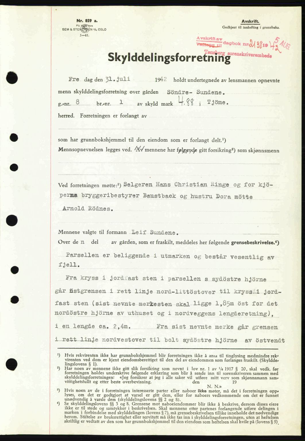 Tønsberg sorenskriveri, AV/SAKO-A-130/G/Ga/Gaa/L0012: Mortgage book no. A12, 1942-1943, Diary no: : 2138/1942