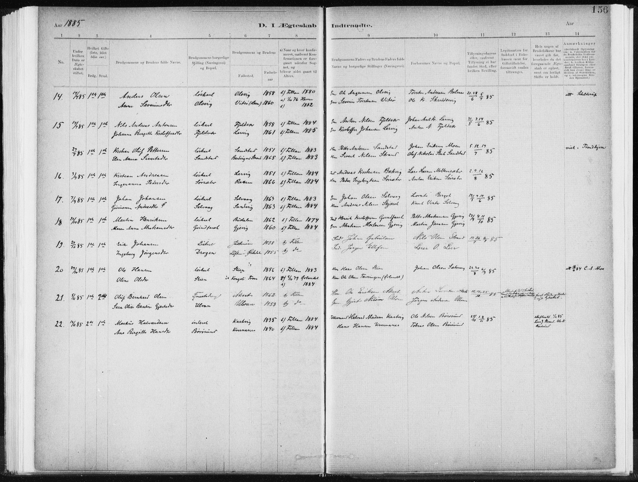 Ministerialprotokoller, klokkerbøker og fødselsregistre - Sør-Trøndelag, SAT/A-1456/637/L0558: Parish register (official) no. 637A01, 1882-1899, p. 156