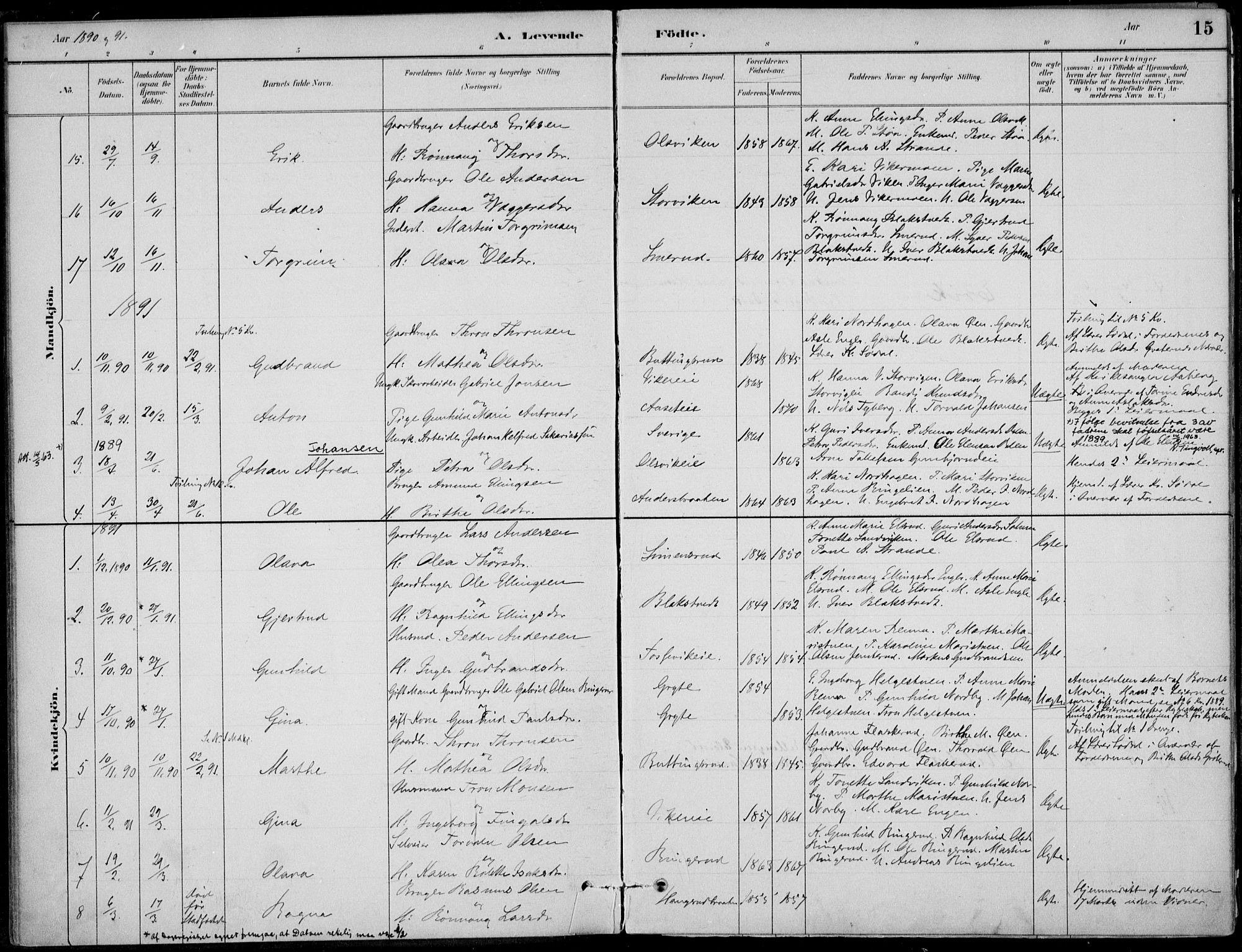 Ådal kirkebøker, AV/SAKO-A-248/F/Fa/L0003: Parish register (official) no. I 3, 1884-1903, p. 15