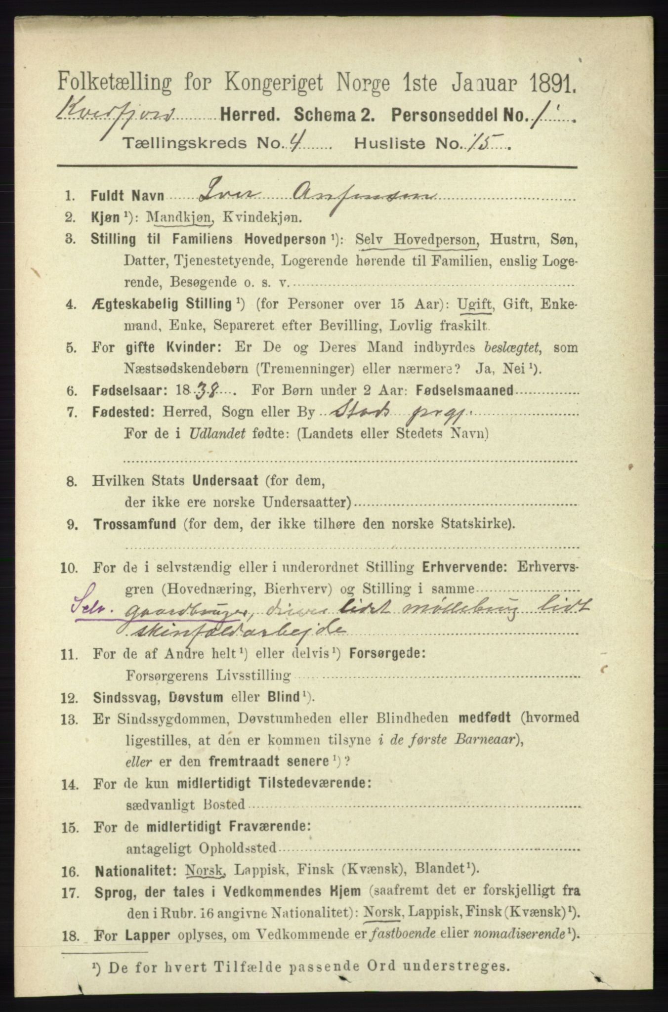 RA, 1891 census for 1911 Kvæfjord, 1891, p. 1979