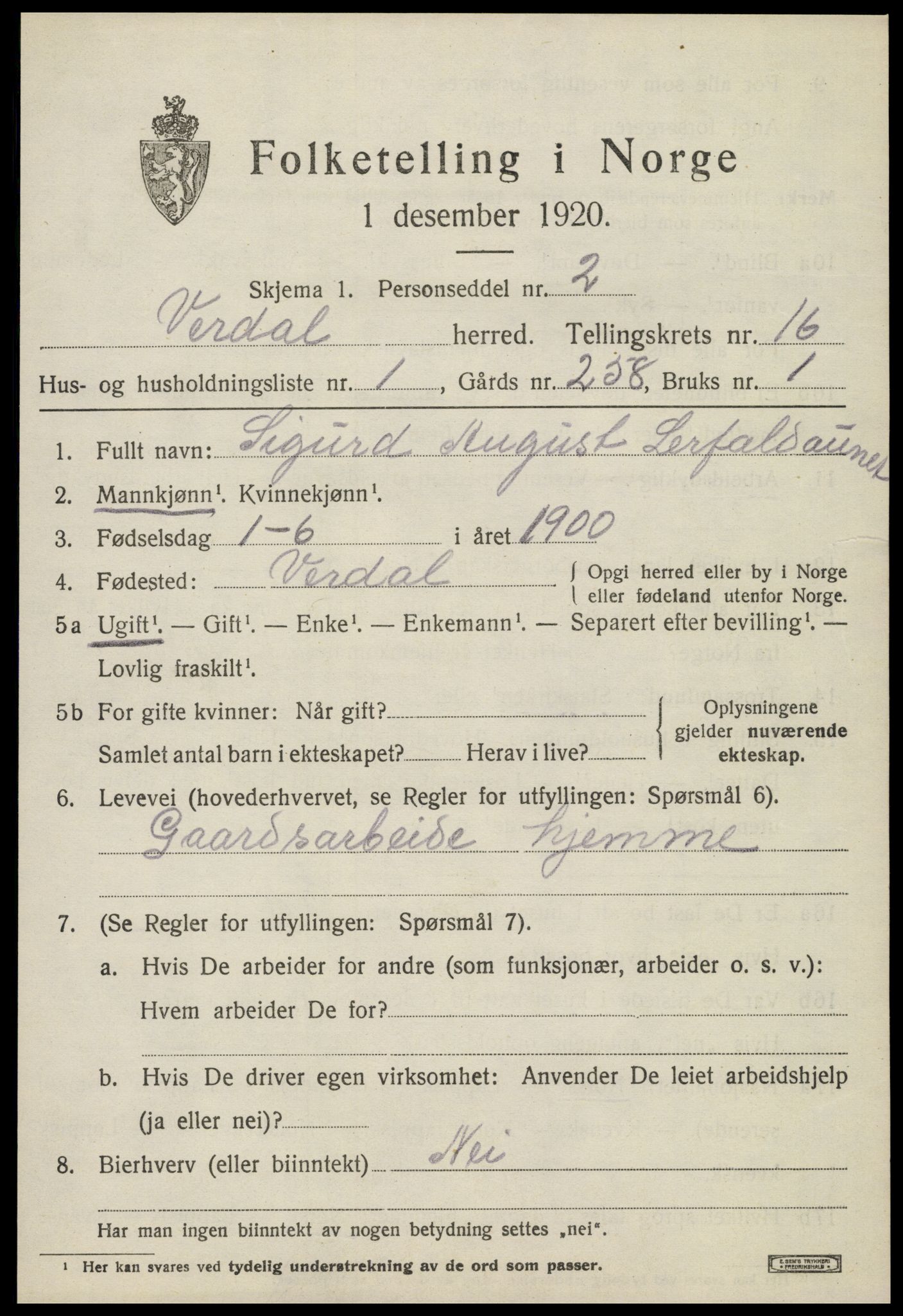 SAT, 1920 census for Verdal, 1920, p. 14833