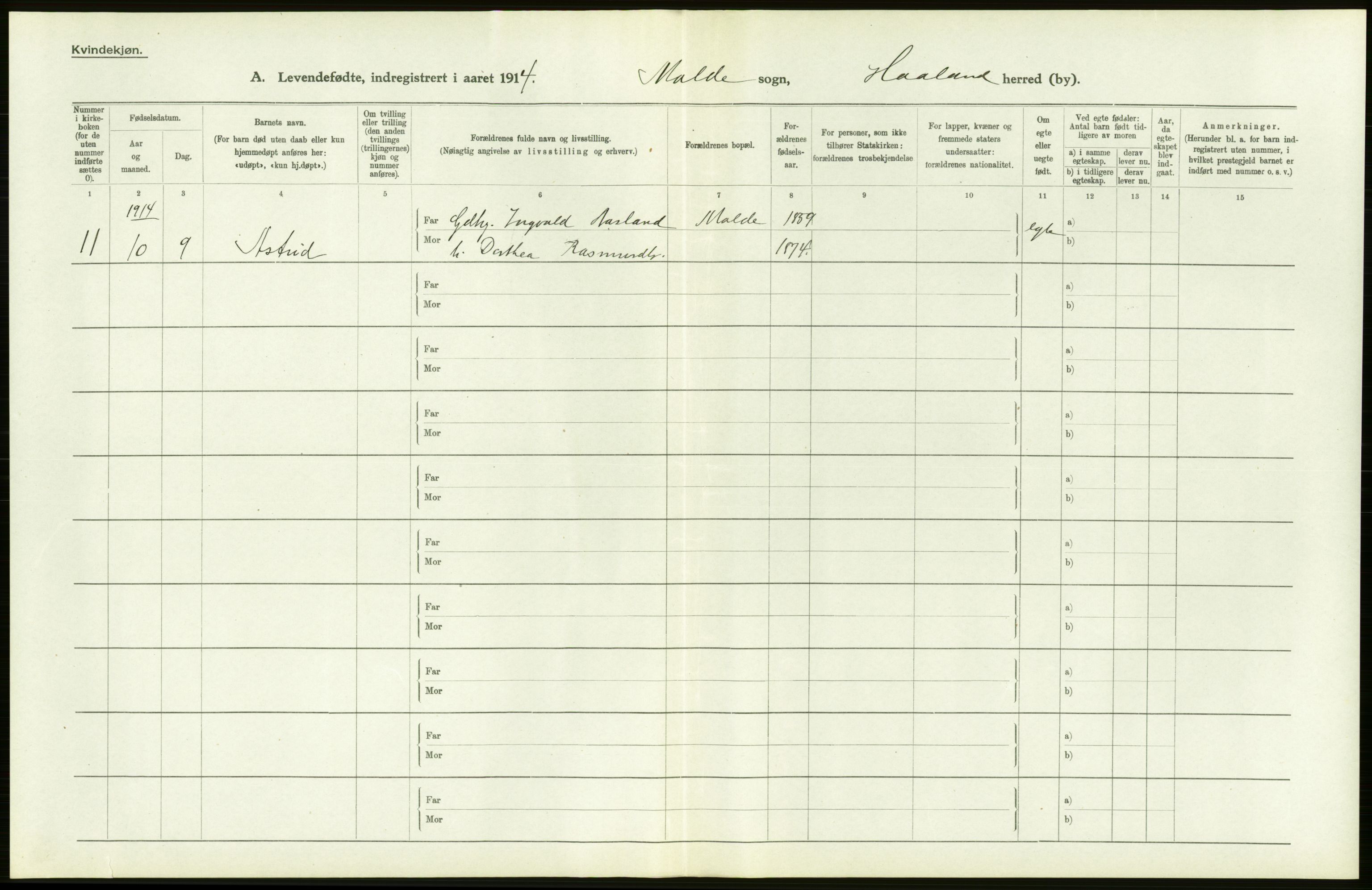 Statistisk sentralbyrå, Sosiodemografiske emner, Befolkning, AV/RA-S-2228/D/Df/Dfb/Dfbd/L0024: Stavanger amt: Levendefødte menn og kvinner. Bygder., 1914, p. 68