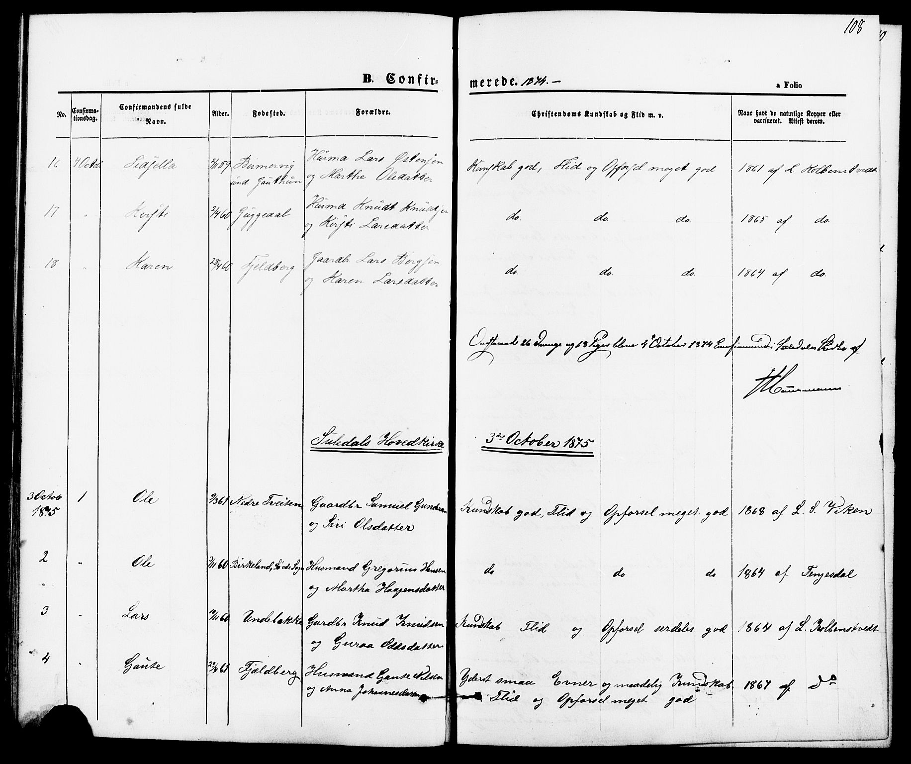 Suldal sokneprestkontor, AV/SAST-A-101845/01/IV/L0010: Parish register (official) no. A 10, 1869-1878, p. 108