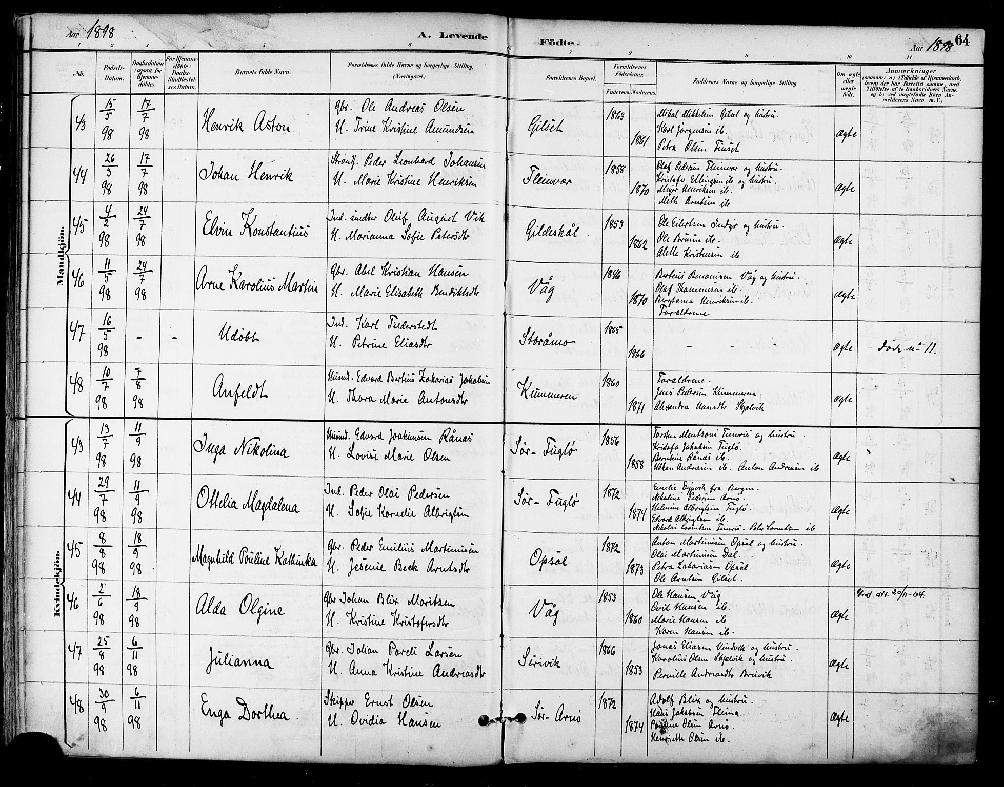 Ministerialprotokoller, klokkerbøker og fødselsregistre - Nordland, AV/SAT-A-1459/805/L0101: Parish register (official) no. 805A07, 1892-1899, p. 64