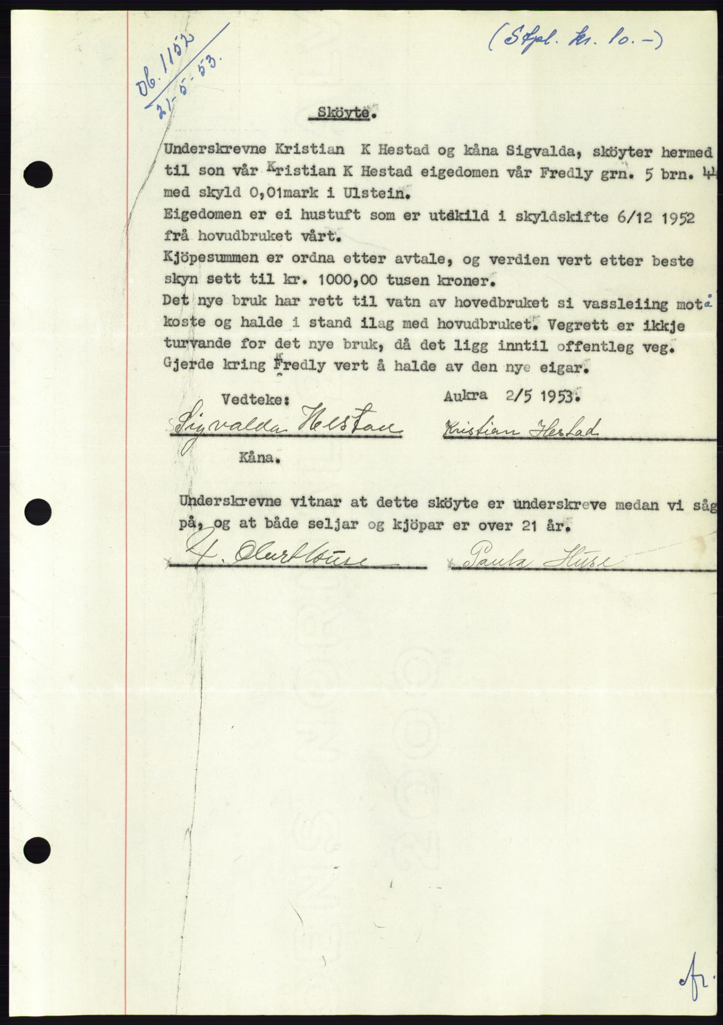 Søre Sunnmøre sorenskriveri, AV/SAT-A-4122/1/2/2C/L0095: Mortgage book no. 21A, 1953-1953, Diary no: : 1152/1953