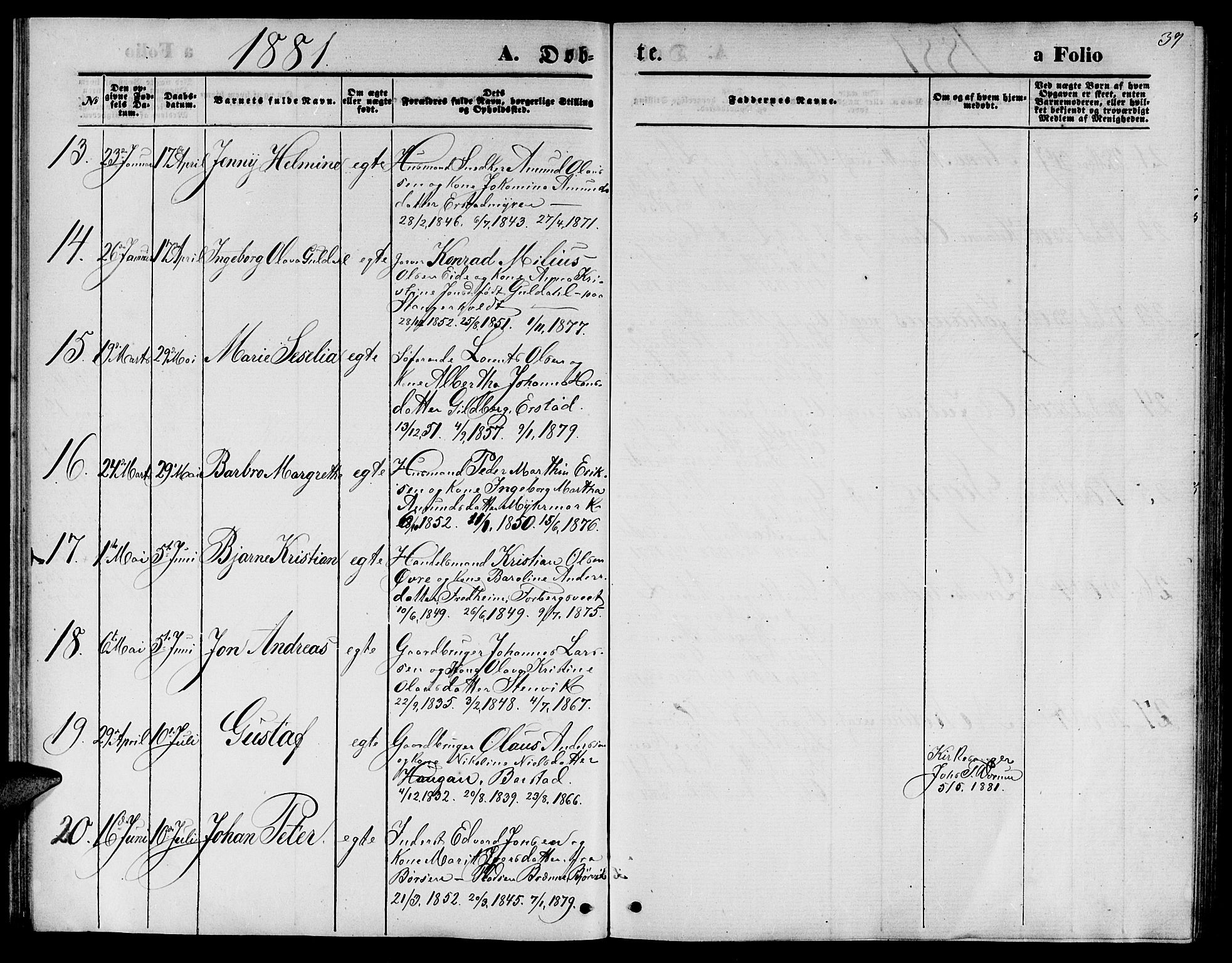 Ministerialprotokoller, klokkerbøker og fødselsregistre - Nord-Trøndelag, AV/SAT-A-1458/722/L0225: Parish register (copy) no. 722C01, 1871-1888, p. 39