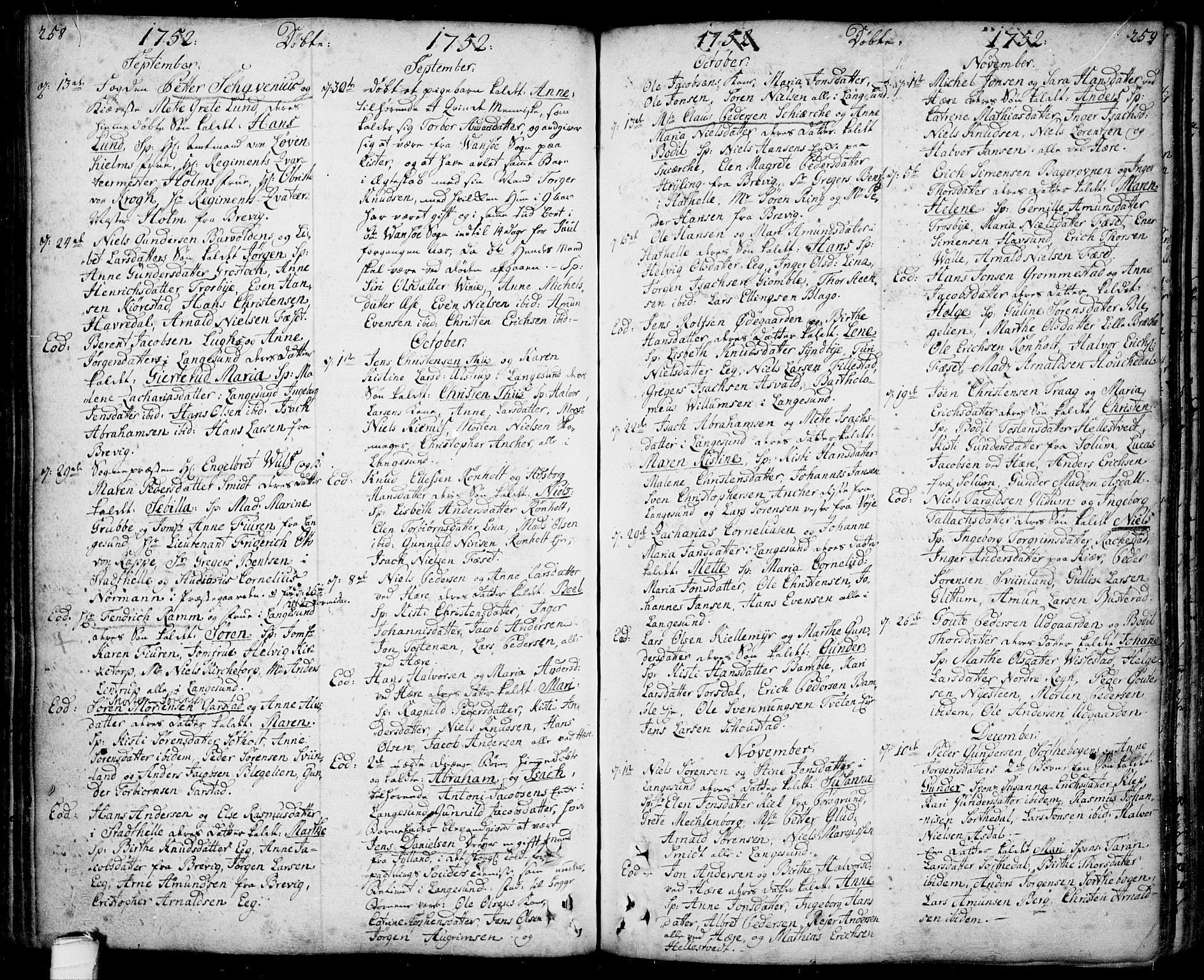 Bamble kirkebøker, SAKO/A-253/F/Fa/L0001: Parish register (official) no. I 1, 1702-1774, p. 258-259