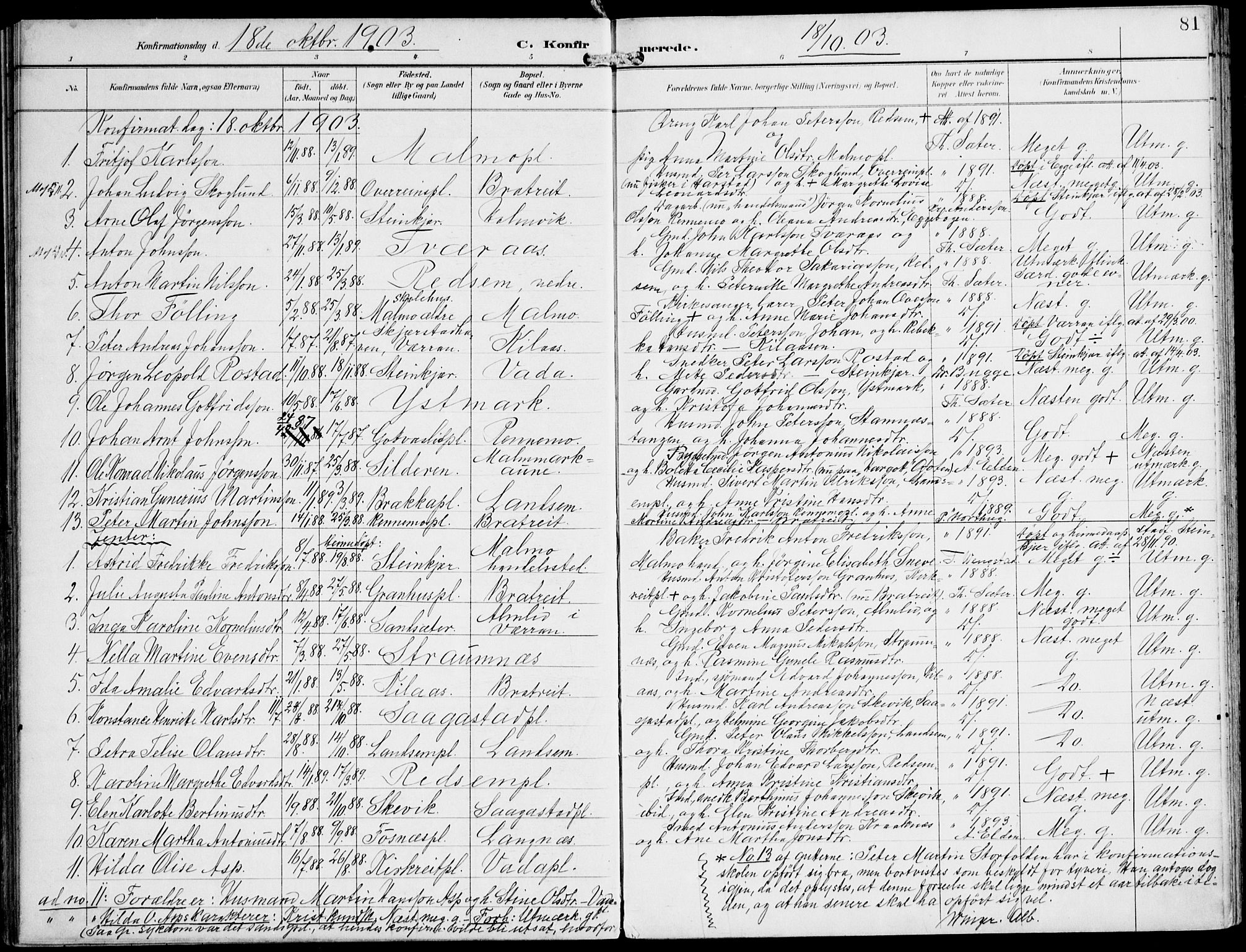 Ministerialprotokoller, klokkerbøker og fødselsregistre - Nord-Trøndelag, SAT/A-1458/745/L0430: Parish register (official) no. 745A02, 1895-1913, p. 81