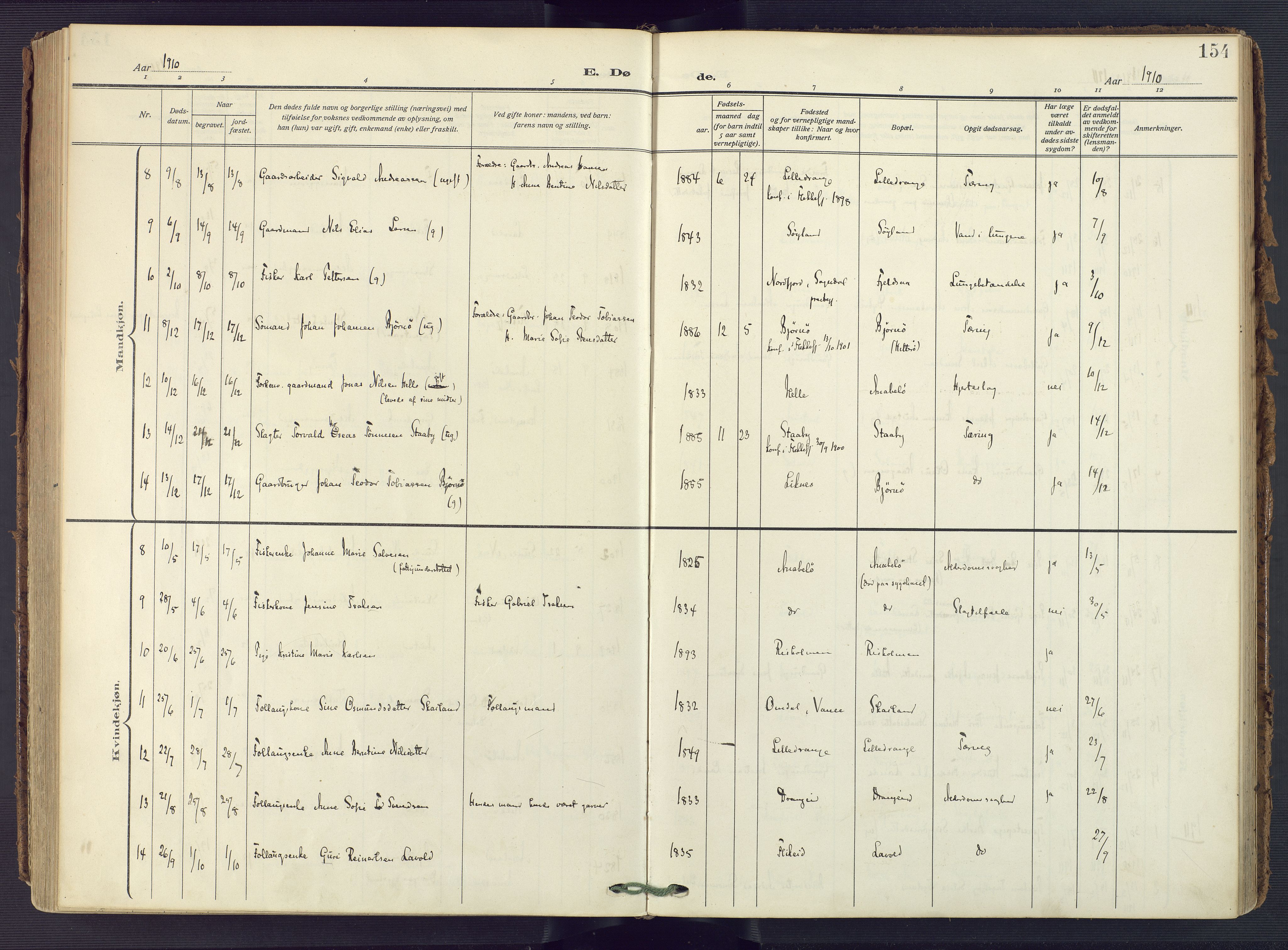 Flekkefjord sokneprestkontor, SAK/1111-0012/F/Fa/Fac/L0010: Parish register (official) no. A 10, 1910-1927, p. 154