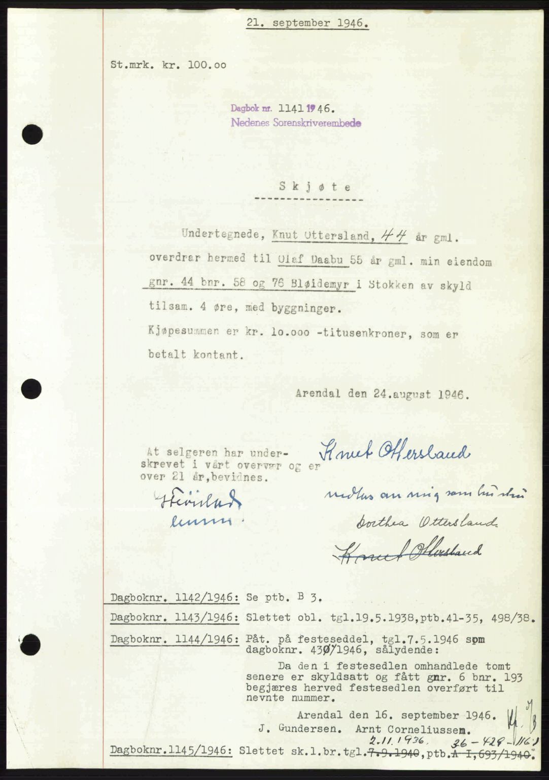 Nedenes sorenskriveri, SAK/1221-0006/G/Gb/Gba/L0056: Mortgage book no. A8, 1946-1947, Diary no: : 1141/1946