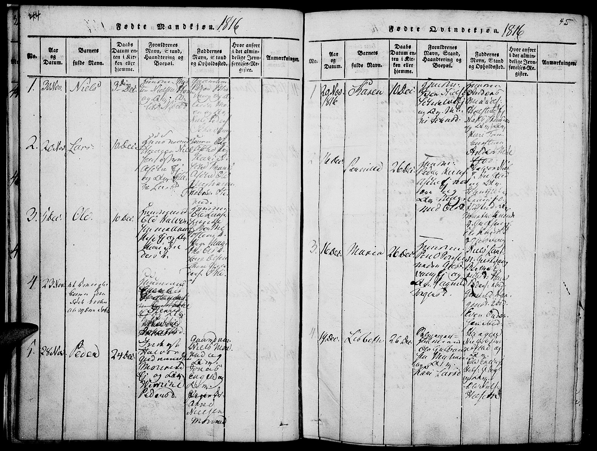 Nes prestekontor, Hedmark, SAH/PREST-020/K/Ka/L0002: Parish register (official) no. 2, 1813-1827, p. 44-45