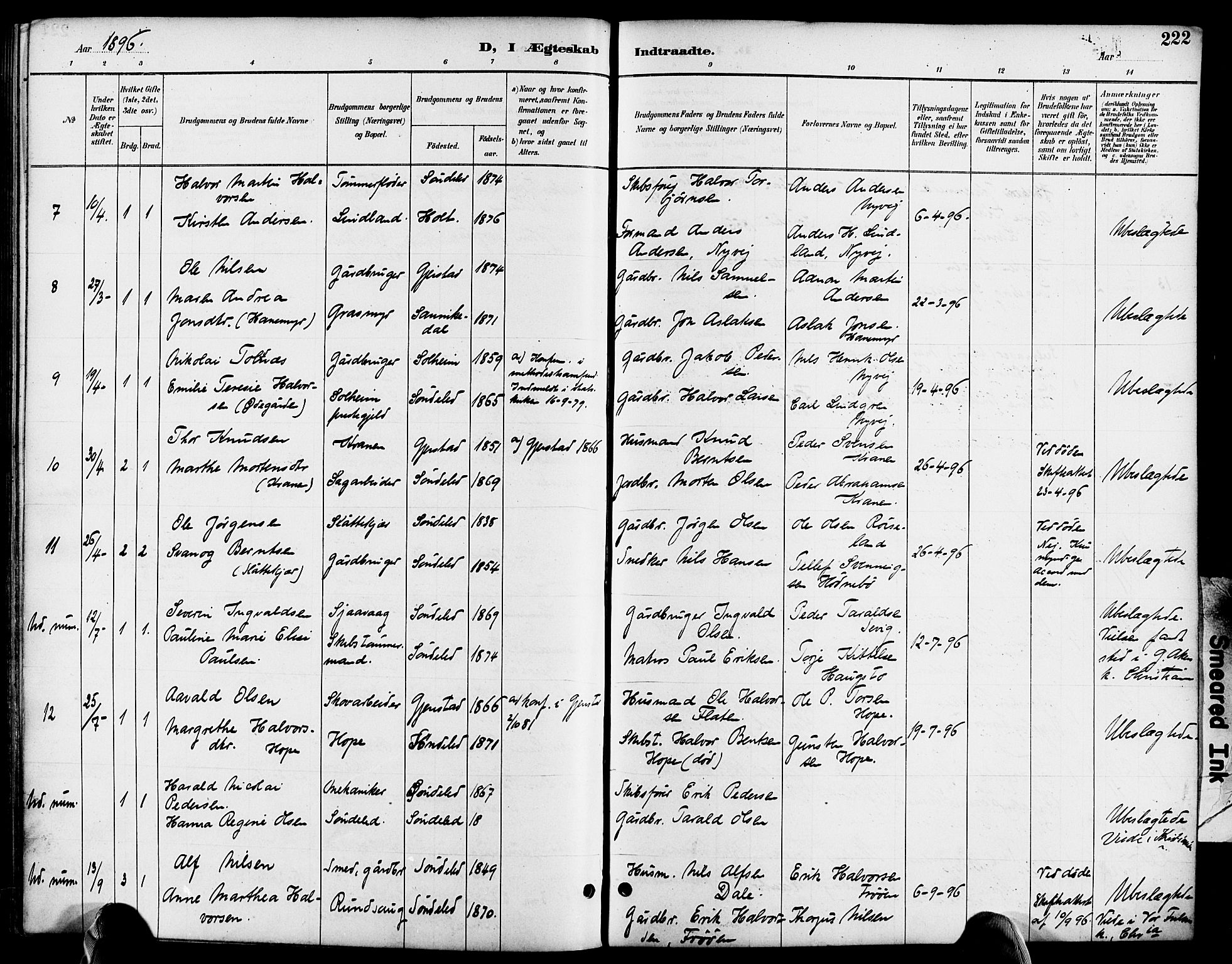 Søndeled sokneprestkontor, SAK/1111-0038/F/Fa/L0005: Parish register (official) no. A 5, 1889-1899, p. 222