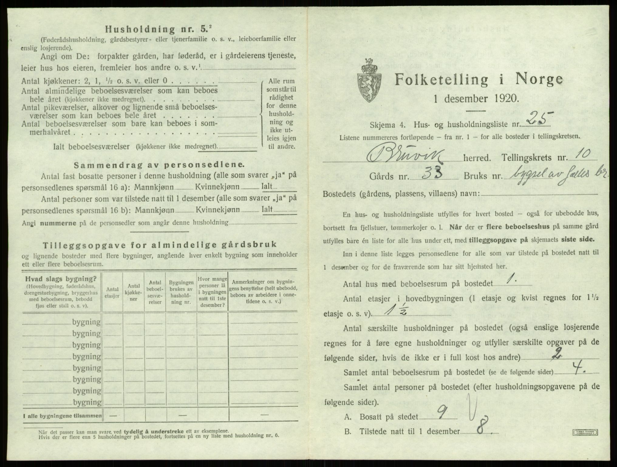 SAB, 1920 census for Bruvik, 1920, p. 808