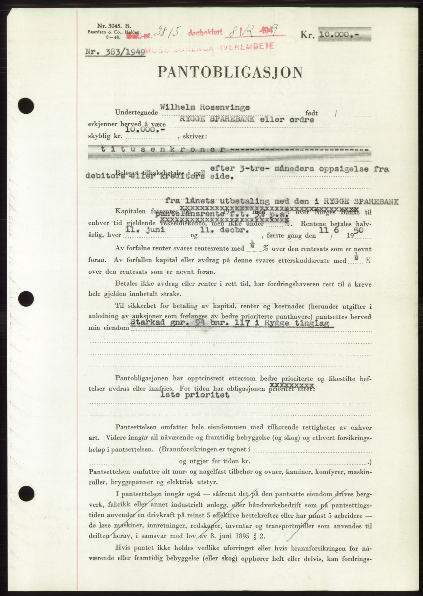 Moss sorenskriveri, SAO/A-10168: Mortgage book no. B23, 1949-1950, Diary no: : 3815/1949