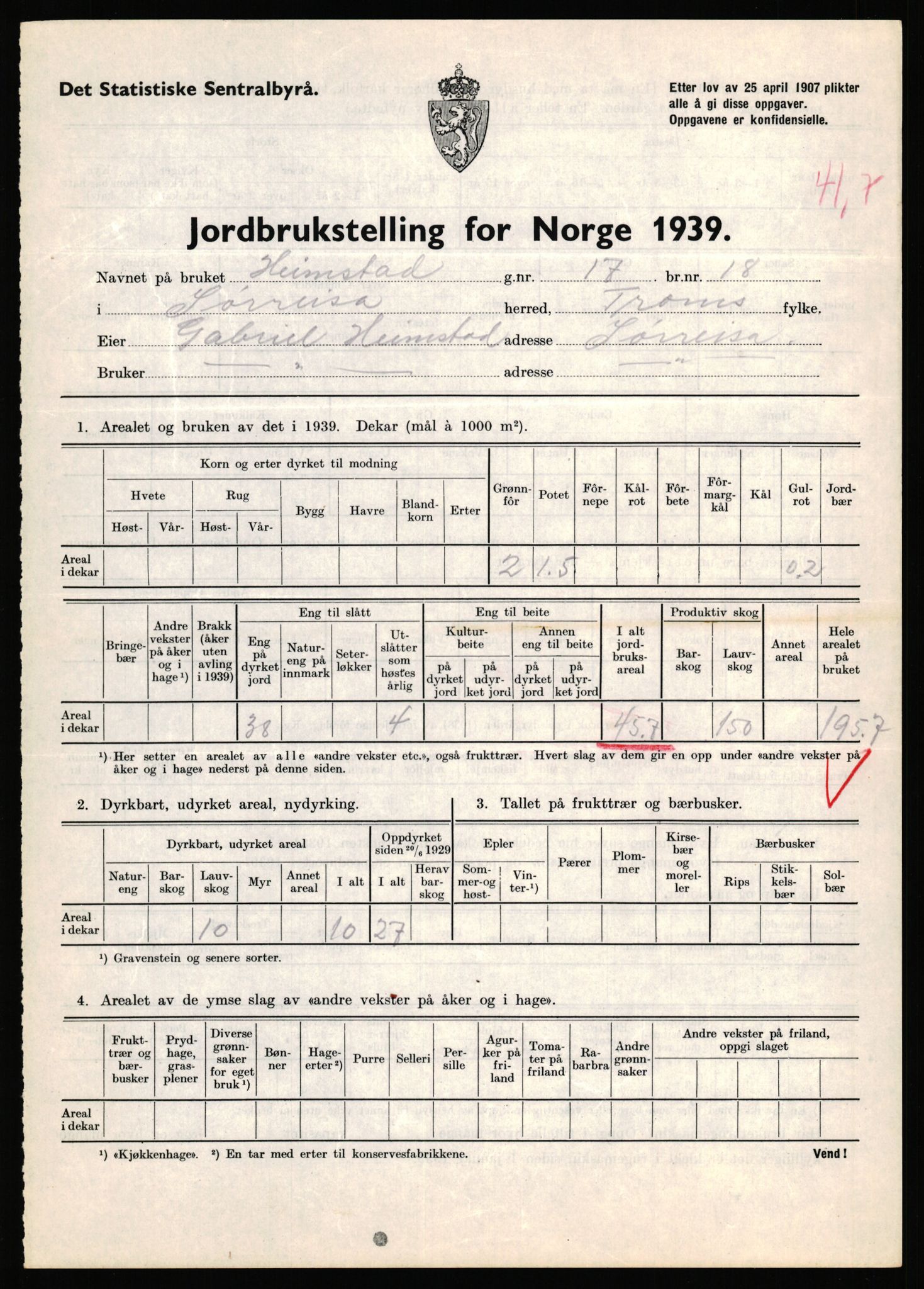 Statistisk sentralbyrå, Næringsøkonomiske emner, Jordbruk, skogbruk, jakt, fiske og fangst, AV/RA-S-2234/G/Gb/L0341: Troms: Sørreisa og Tranøy, 1939, p. 387