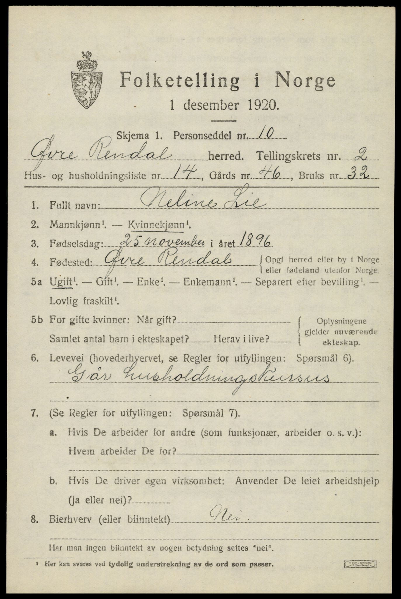 SAH, 1920 census for Øvre Rendal, 1920, p. 1075