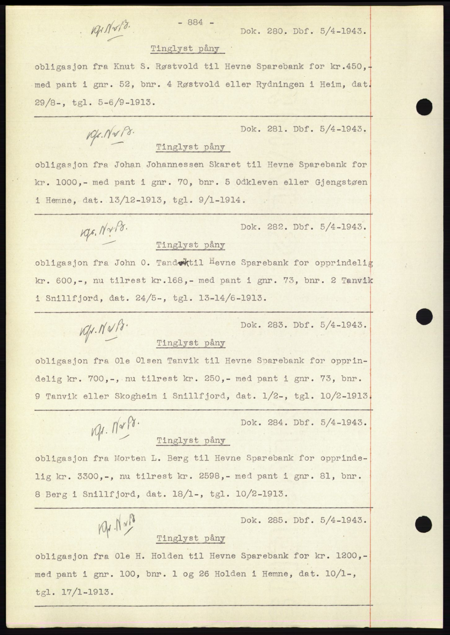 Hitra sorenskriveri, AV/SAT-A-0018/2/2C/2Ca: Mortgage book no. C1, 1936-1945, Diary no: : 280/1943