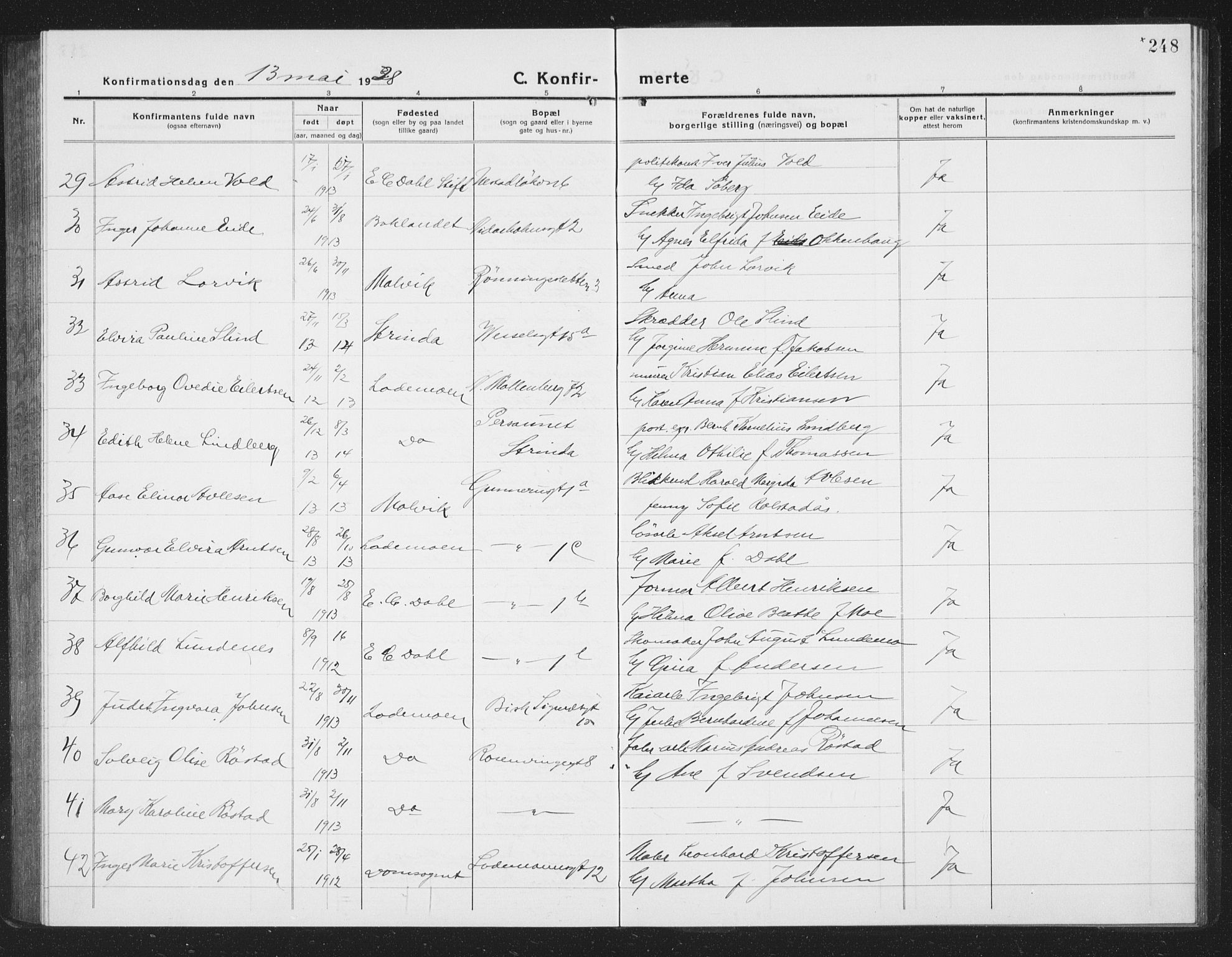 Ministerialprotokoller, klokkerbøker og fødselsregistre - Sør-Trøndelag, SAT/A-1456/605/L0258: Parish register (copy) no. 605C05, 1918-1930, p. 248